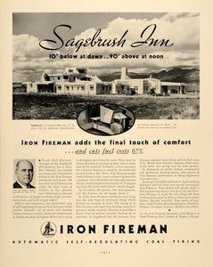 1934 Ad Sagebrush Inn Iron Fireman Coal Automatic - ORIGINAL ADVERTISING FTT9