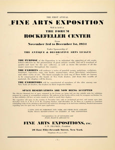 1934 Ad Rockefeller Center Fine Arts Exposition Antique - ORIGINAL FTT9