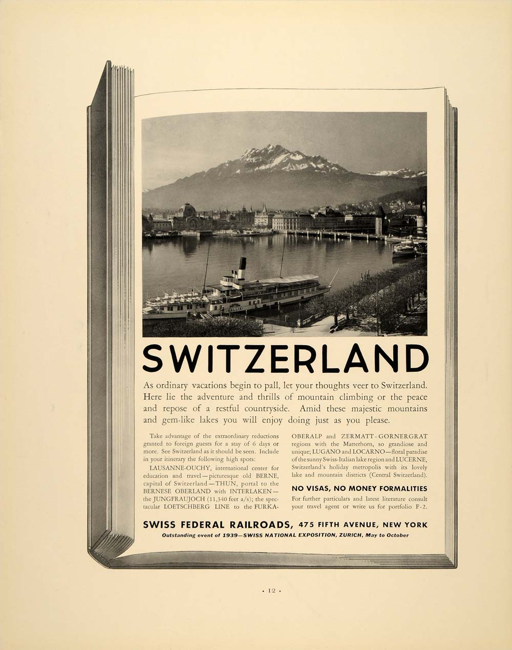 1938 Ad Swiss Federal Railroads Switzerland Tourism Train Travel Harbor FTT9