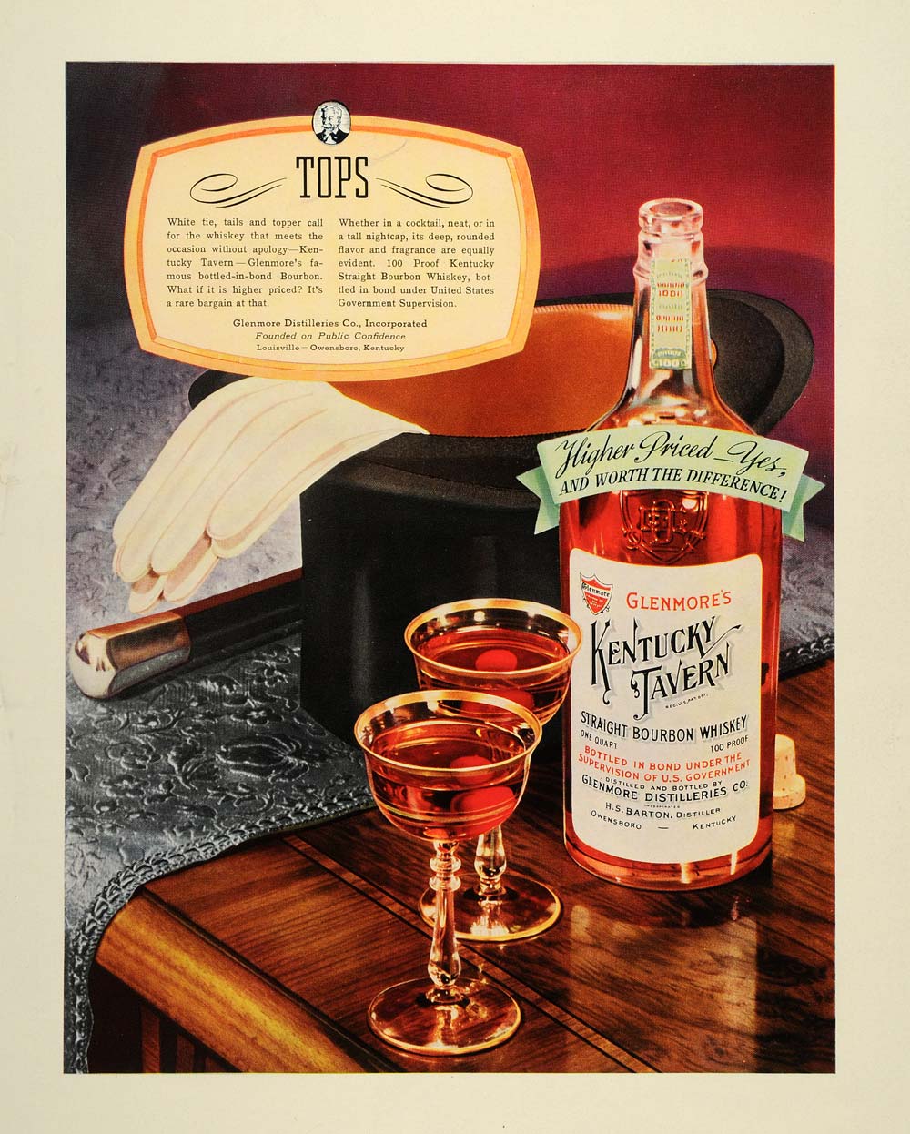 1938 Ad Glenmore Kentucky Tavern Bourbon Whiskey Glassware Top Hat Bottle FTT9