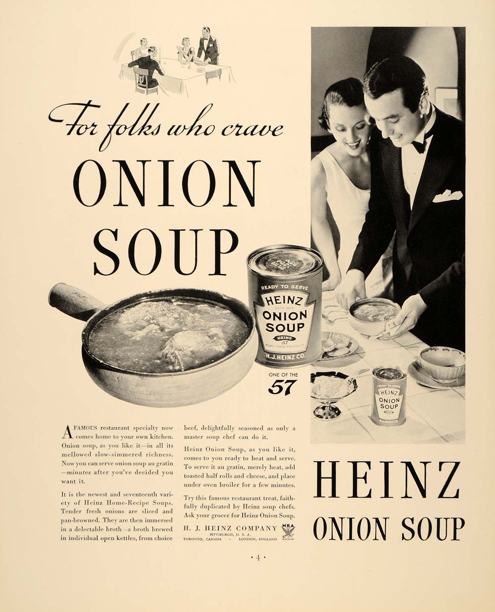 1934 Ad Heinz Onion Soup Food Can Pittsburgh Formal - ORIGINAL ADVERTISING FTT9