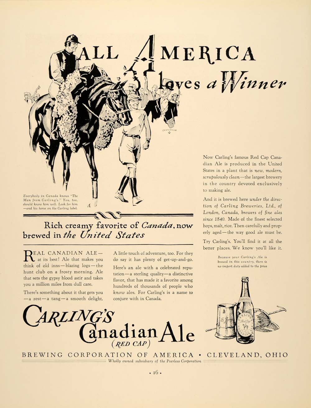 1934 Ad Brewing Carling's Canadian Ale Beer Red Cap - ORIGINAL ADVERTISING FTT9