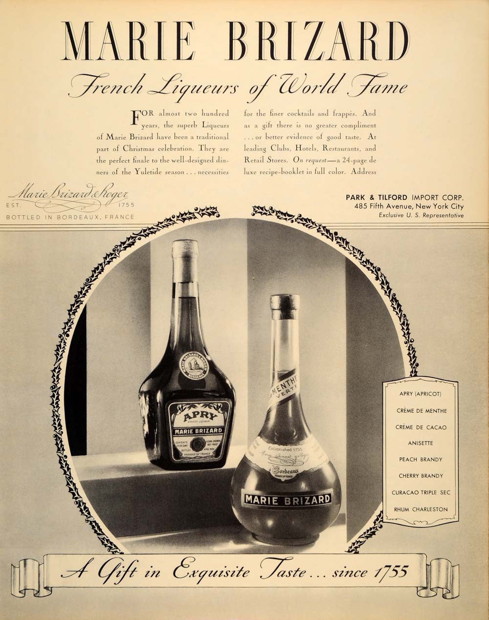 1934 Ad Park Tilford Marie Brizard Apry Menthe Liqueur - ORIGINAL FTT9