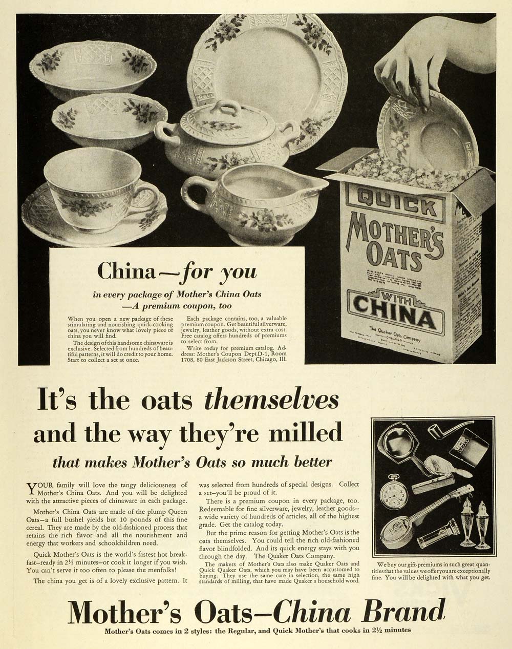 1930 Ad Quaker Quick Mothers Oats Breakfast Fine China Gift Premiums Chicago FW1