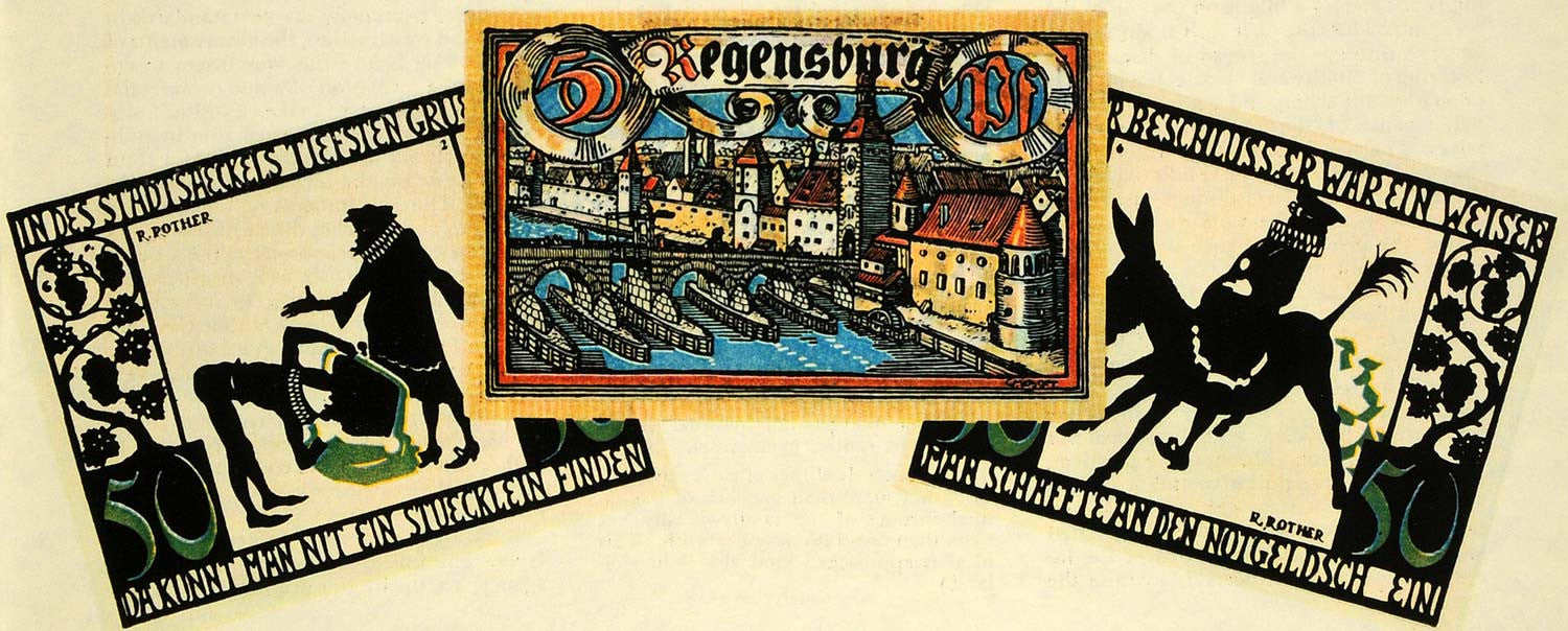 1933 Print Regensburg Germany German Currency Mark Bridge Donkey Mule FZ2