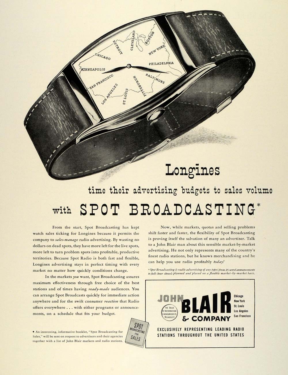 1942 Ad Longines Wrist Watch John Blair Spot Radio Marketing Advertising U S FZ4