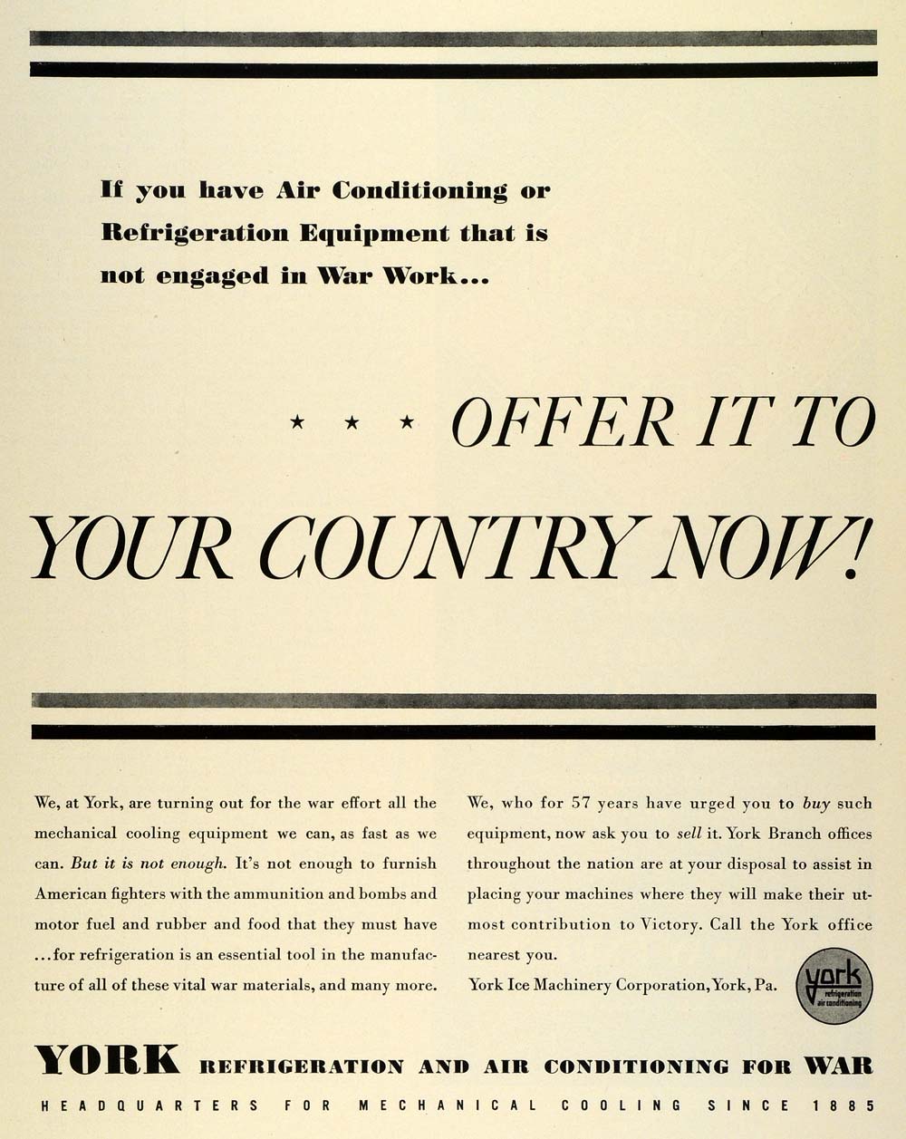 1942 Ad York Air Conditioning Refrigeration World War II Give Appliances to FZ4