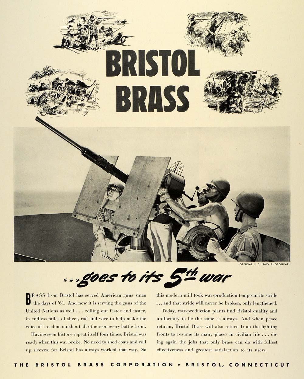 1942 Ad Bristol Brass United States Navy World War II Machine Guns Troops FZ4
