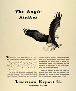 1942 Ad American Export Airlines Lines Eagle Strikes World War II Army FZ4