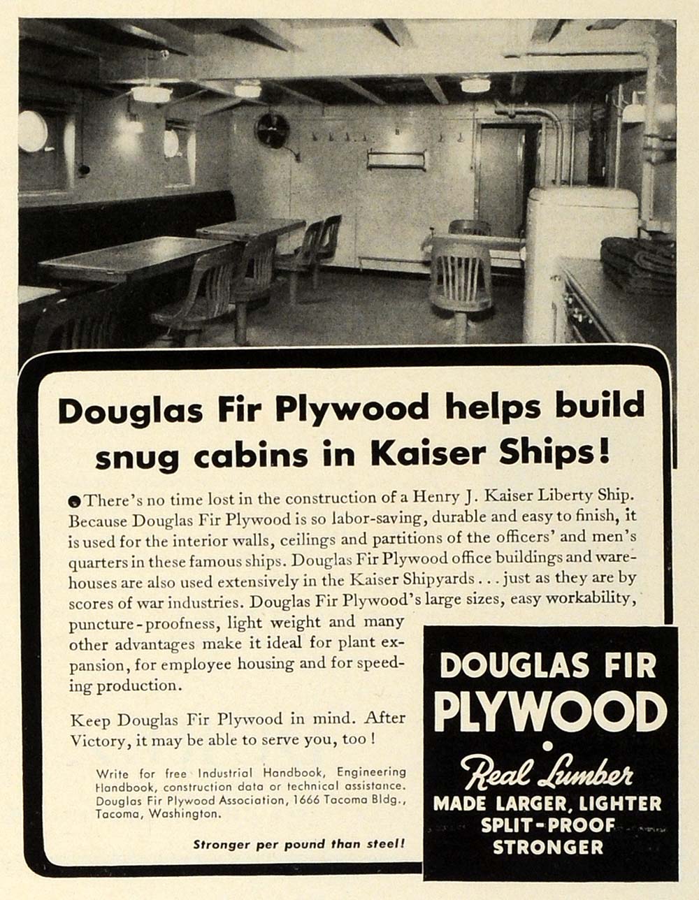 1942 Ad Douglas Fir Plywood Lumber Kaiser Liberty Ship Cabins World War II FZ4
