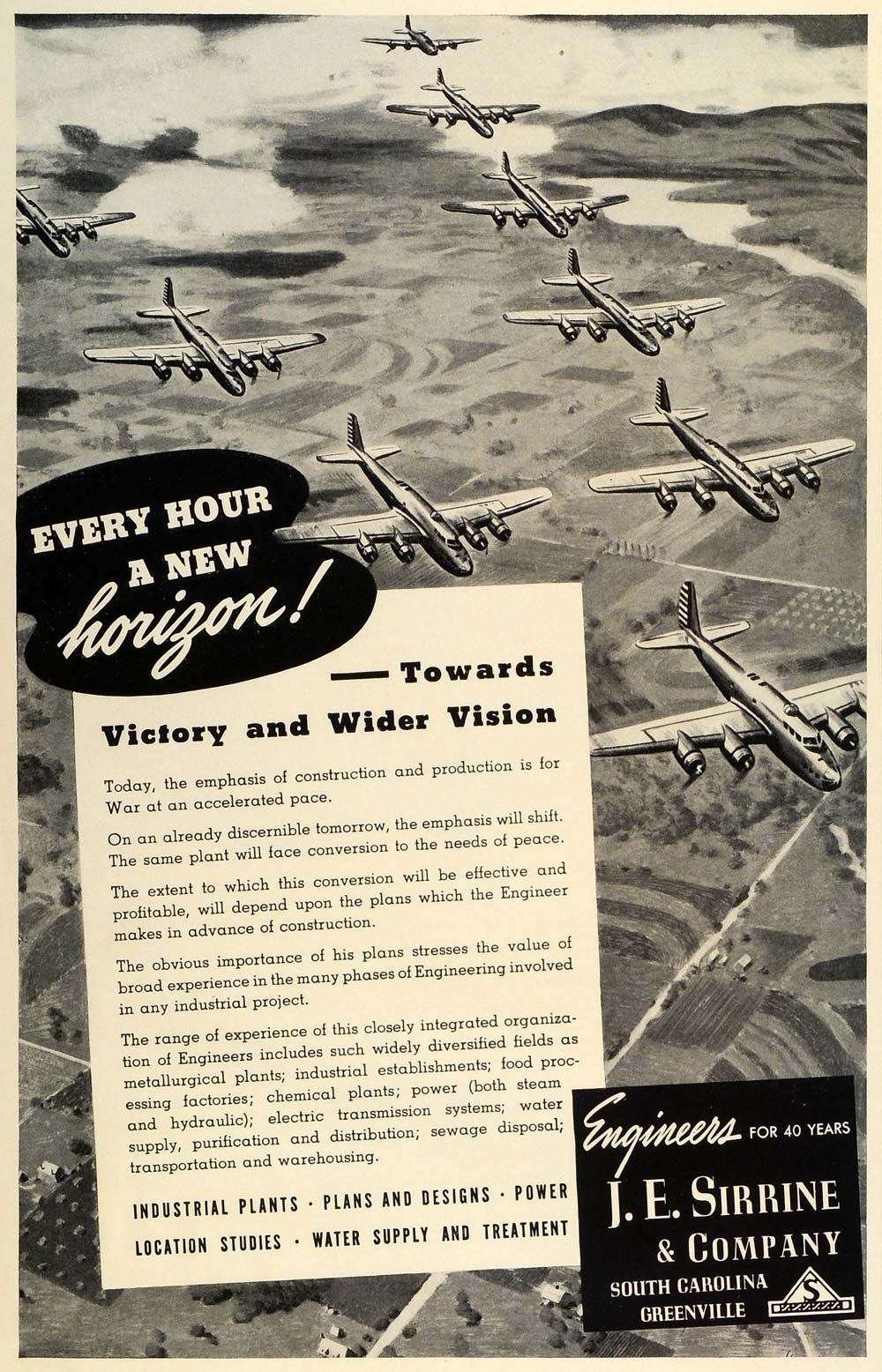 1942 Ad J E Sirrine World War II Planes Engineers Industrial Plants Plans FZ4
