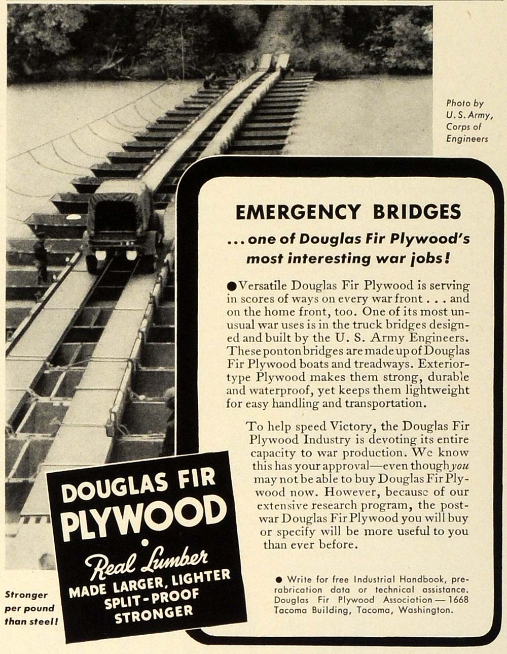 1942 Ad Douglas Fir Plywood Emergency Bridges World War II Army Corps FZ4