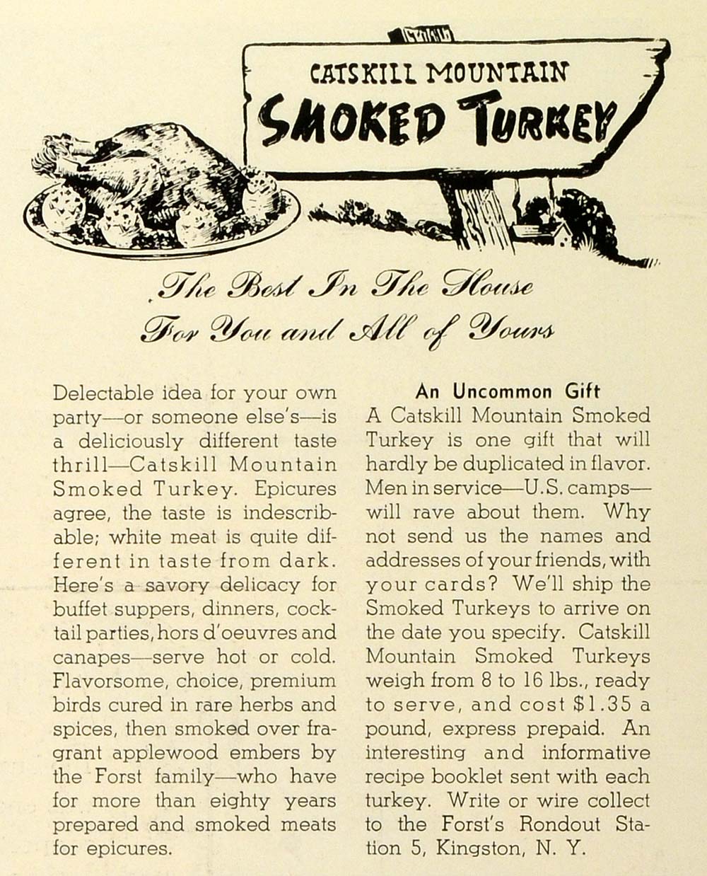1942 Ad Catskill Mountain Smoked Turkey World War II Food Meat Forsts FZ4