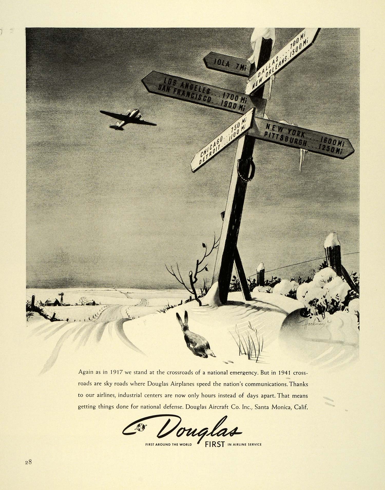 1941 Ad Douglas Aircraft Co Inc AirplaneS Vintage Aviation Winter Bunny Snow FZ5