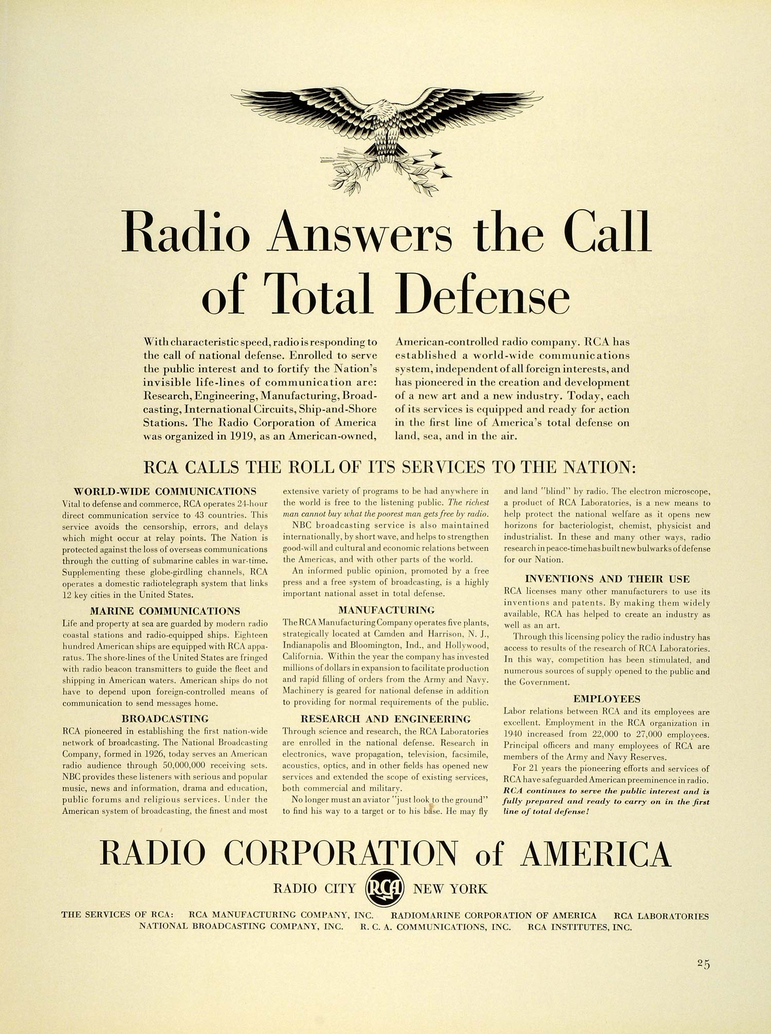 1941 Ad Radio Corporation America RCA Logo Eagle Radio City NY Radio FZ5