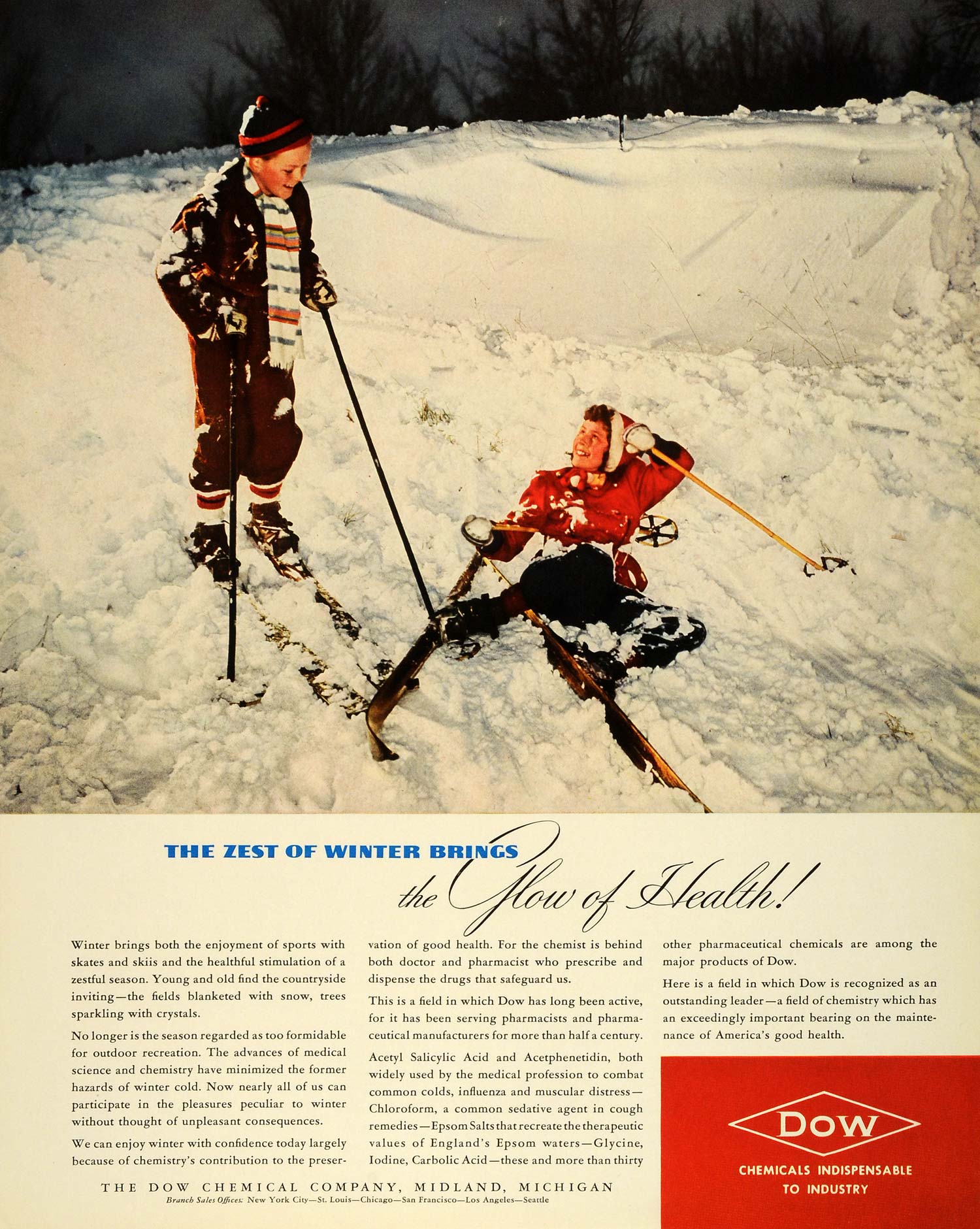 1941 Ad Dow Chemical Pharmaceutical Midland Michigan Sport Children Skiing FZ5