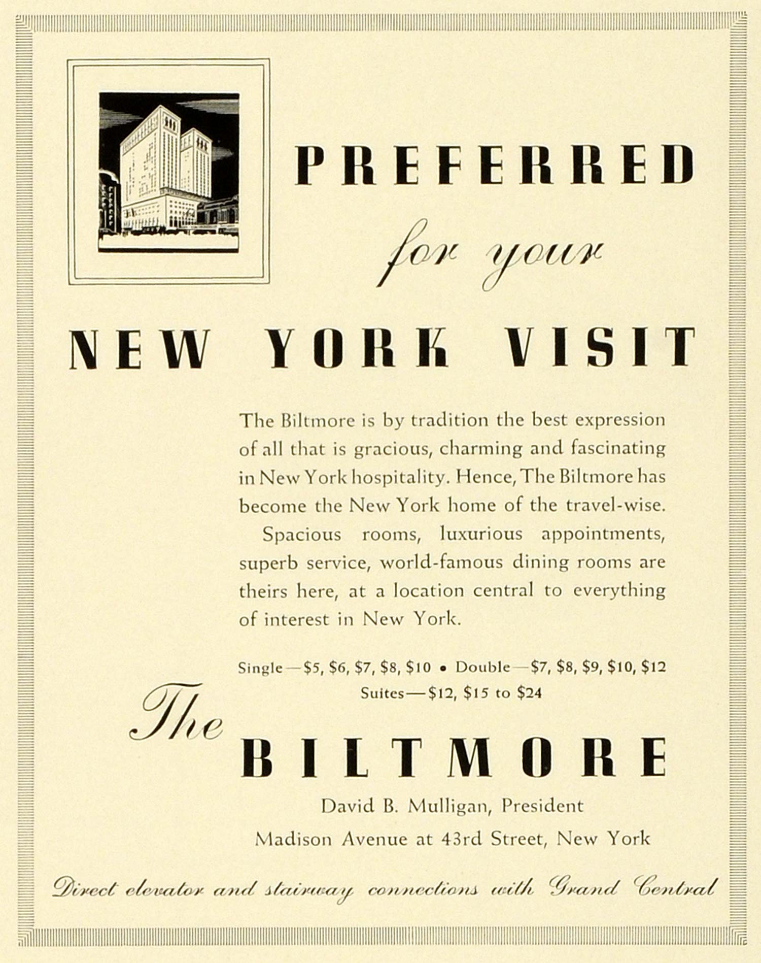 1941 Ad Biltmore Hotel Madison Avenue New York Luxury Lodging Vacation FZ5