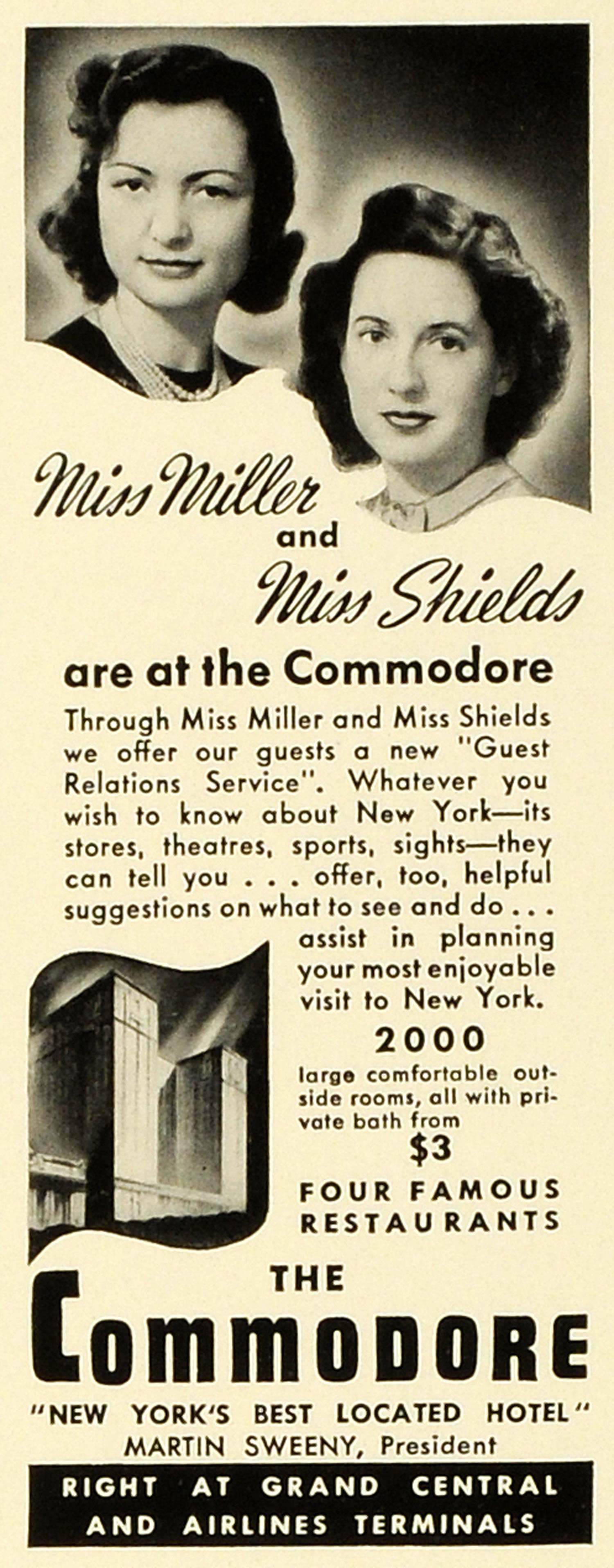 1941 Ad Commodore Hotel NY Miss Miller & Shields Luxury Lodging Vacation FZ5