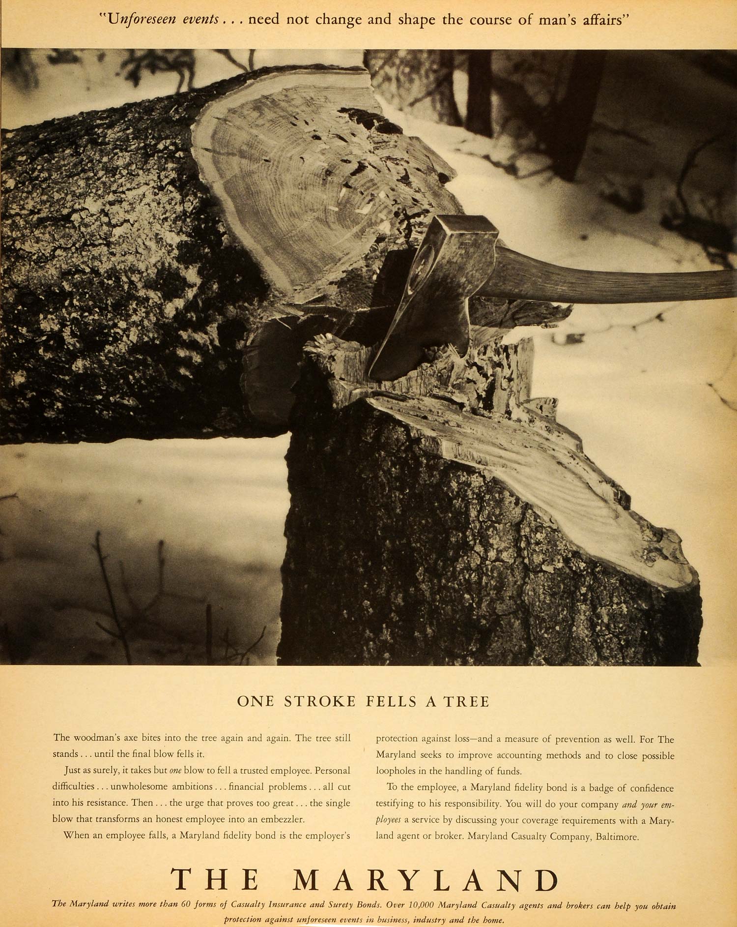 1941 Ad Maryland Casualty Co Baltimore Financial Institution Wood Chopping FZ5