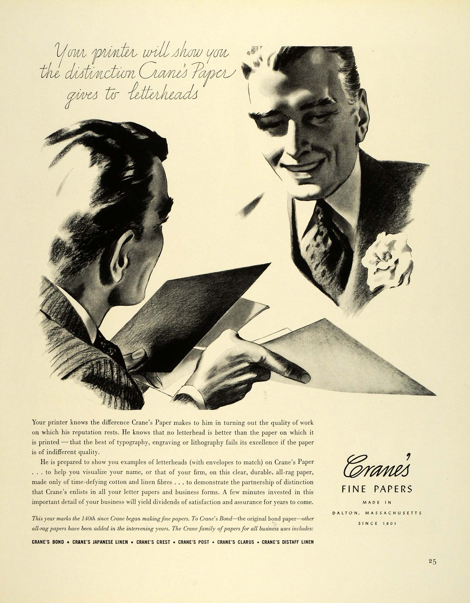 1941 Ad Crane & Co Dalton Massachusetts Papers Letterheads Bond Busine