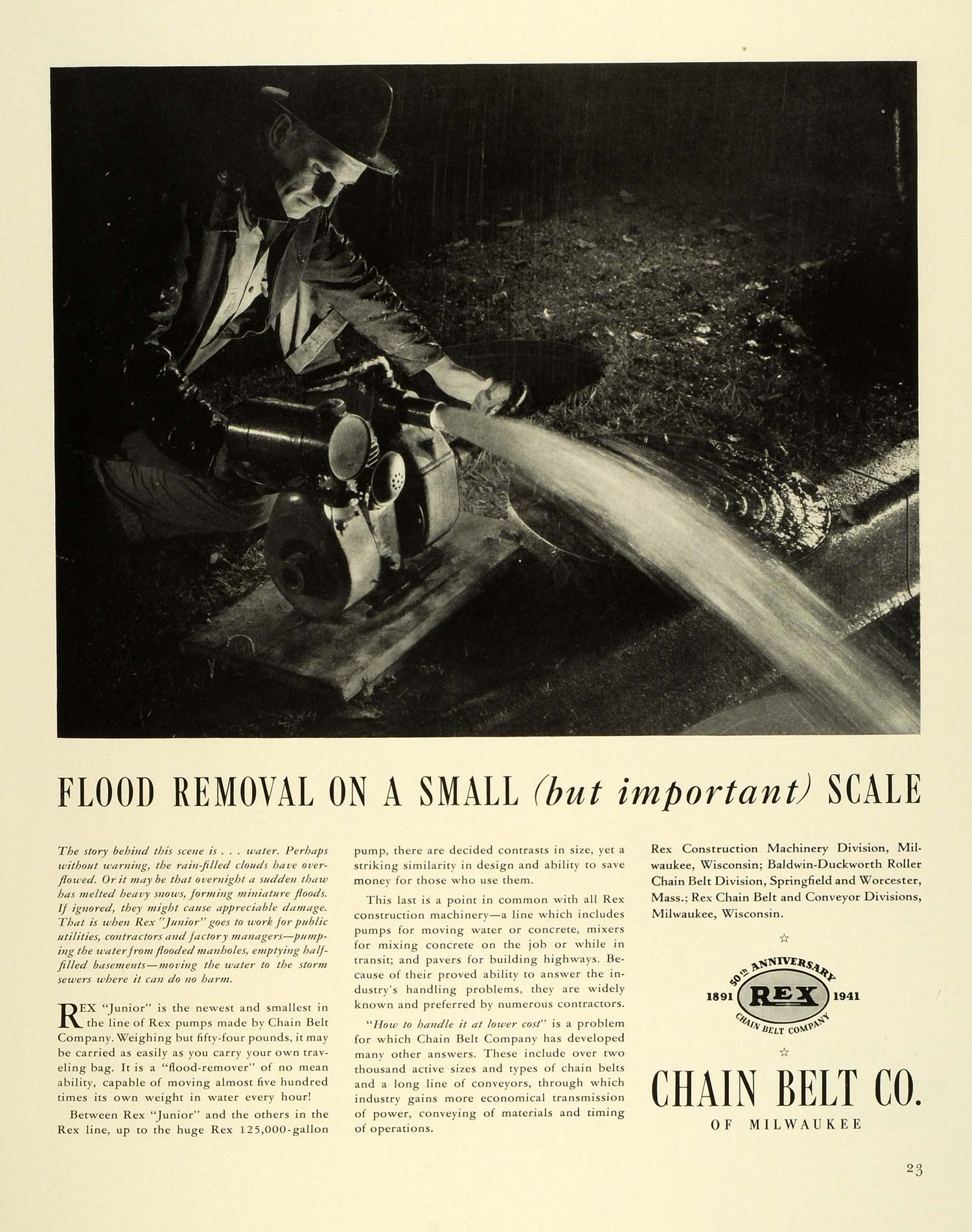 1941 Ad Chain Belt Logo Milwaukee Rex Junior Pump Flood Removal Machine FZ5