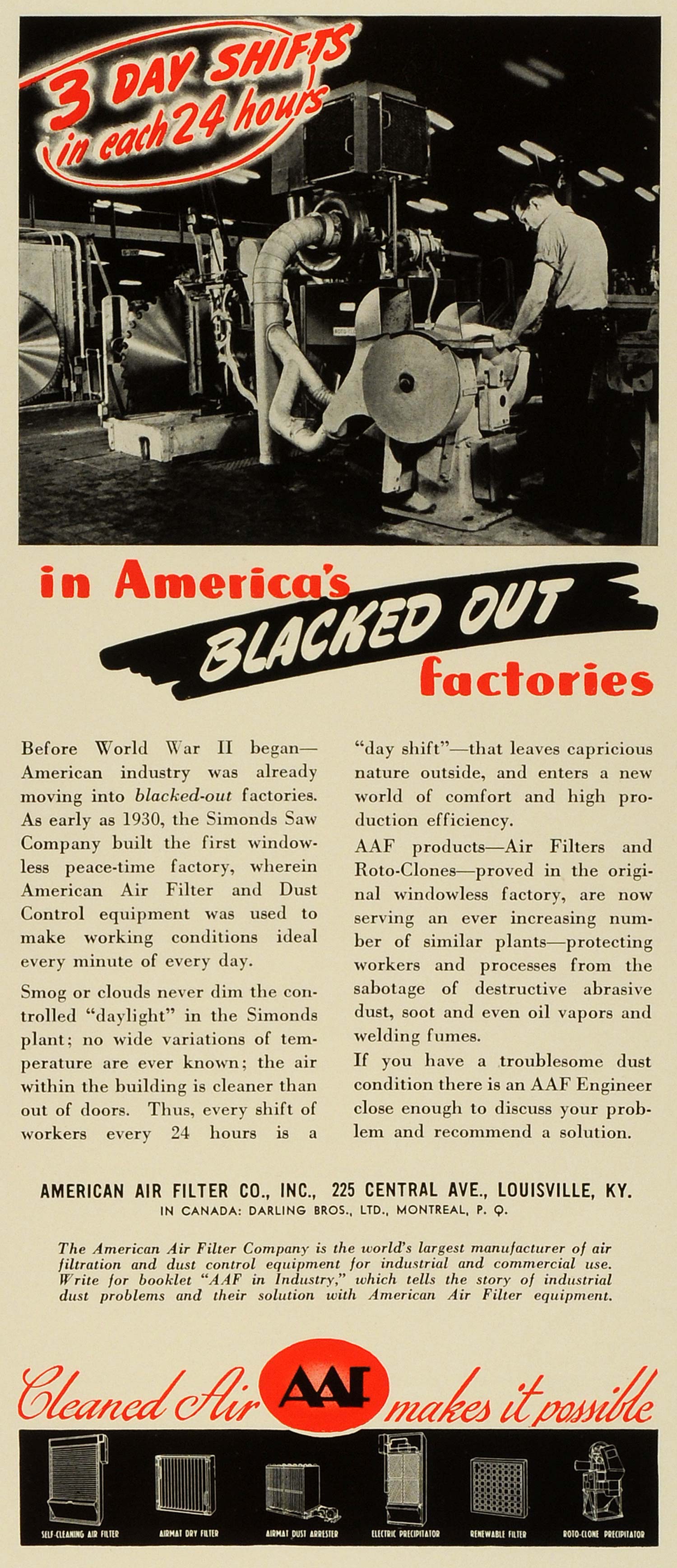 1941 Ad American Air Filter World War II Blacked Out Factories War Efforts FZ5