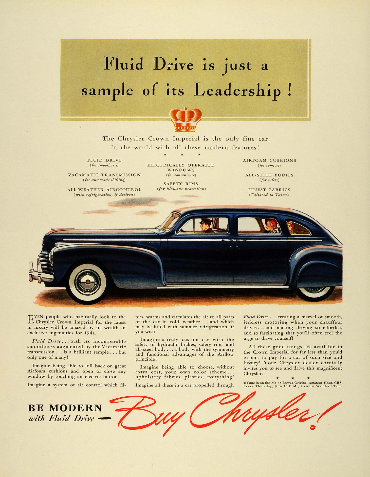 1941 Ad Vintage Chrysler Crown Imperial Fluid Drive Automobile FZ5