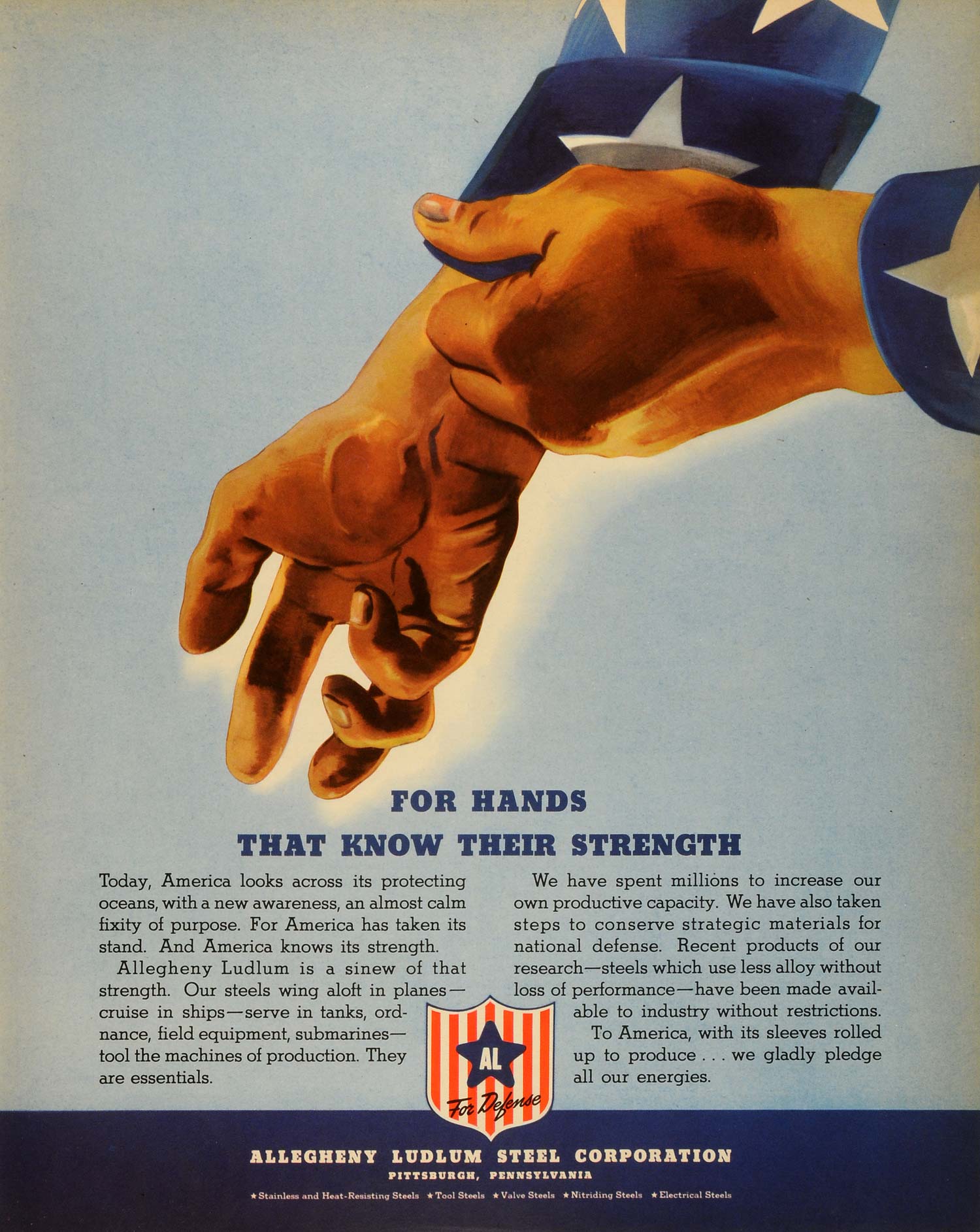 1941 Ad Allegheny Lundlum Steel WWII Uncle Sam Roll Up Sleeves War FZ5