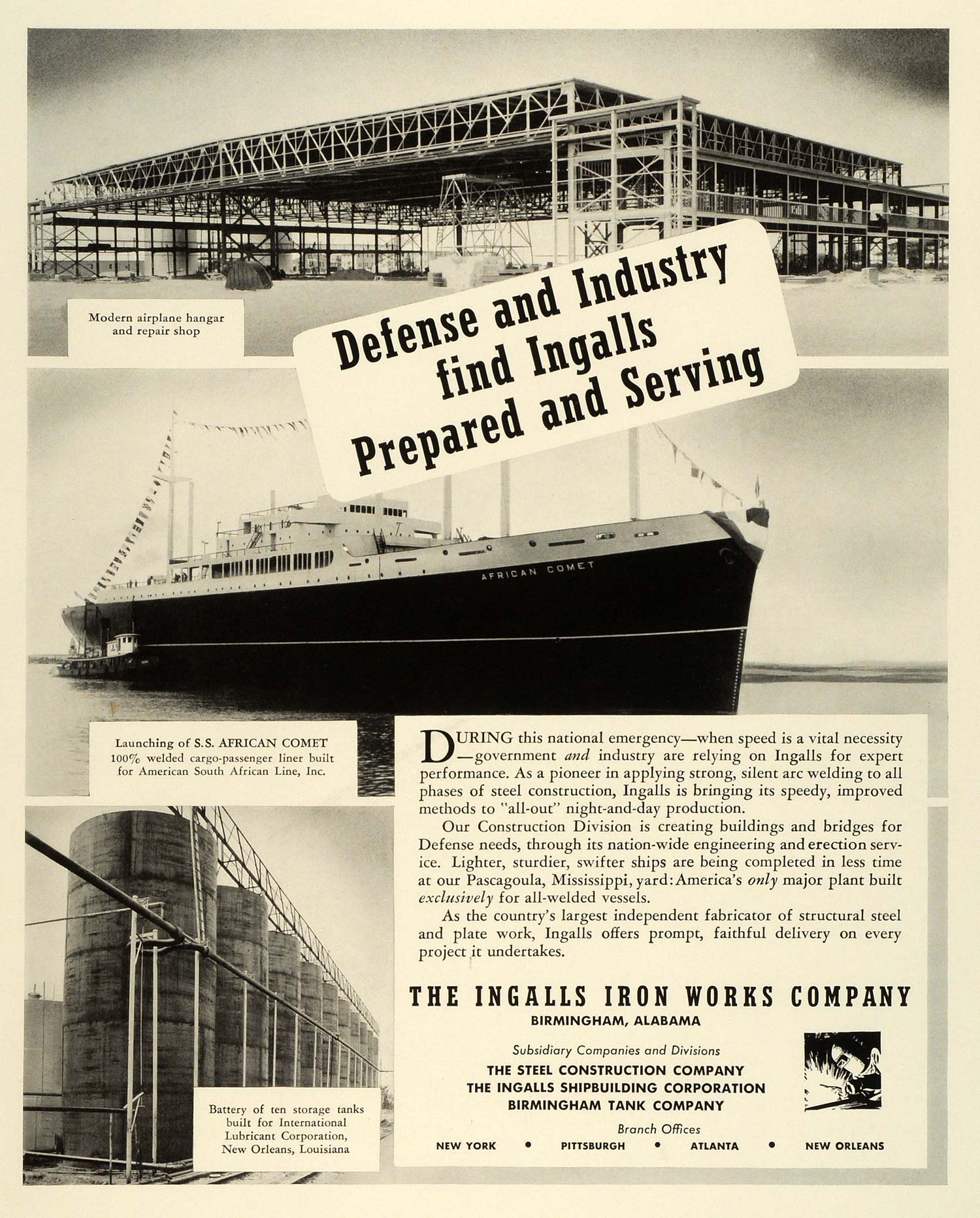 1941 Ad Ingalls Iron Works WWII Defense War Production SS African Comet FZ5