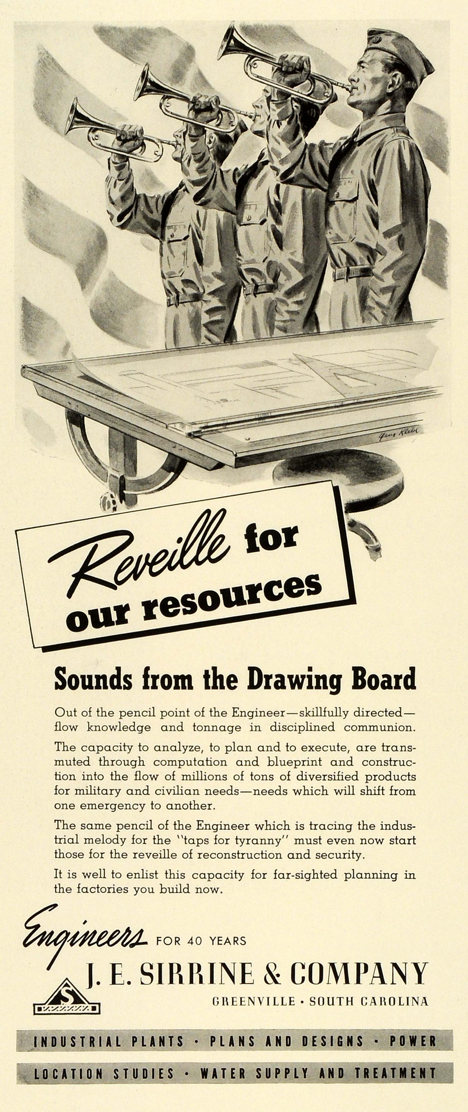 1941 Ad J. E. Sirrine Engineers WWII Military Trumpeters Industrial War FZ5
