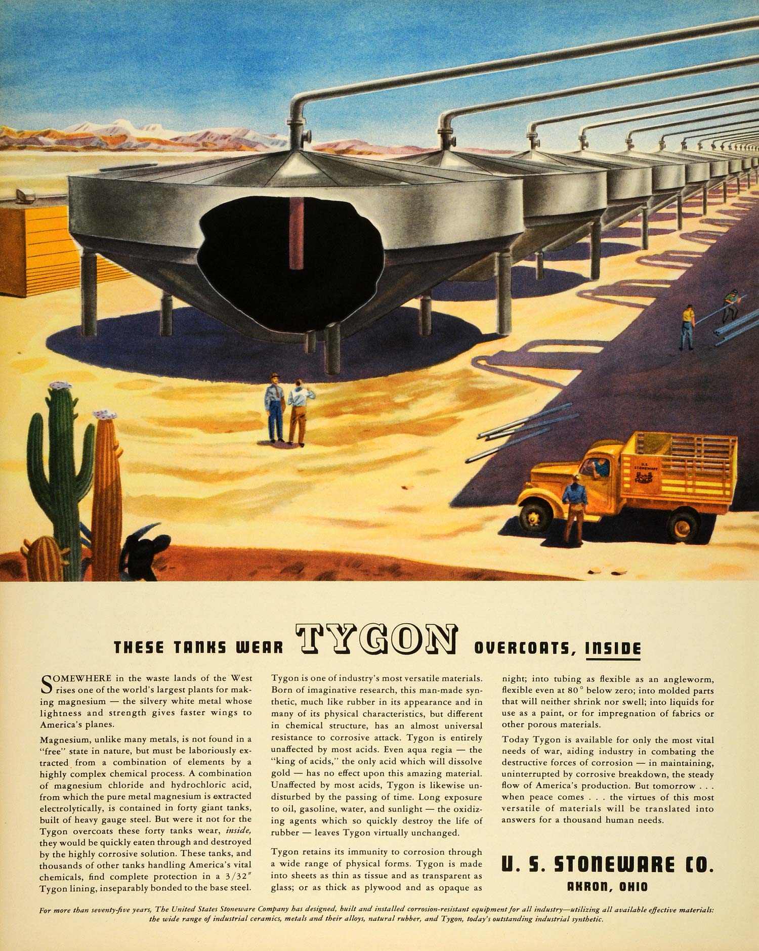 1943 Ad US Stoneware Co Akron Ohio Tygon Overcoats Magnesium Plants Desert FZ5