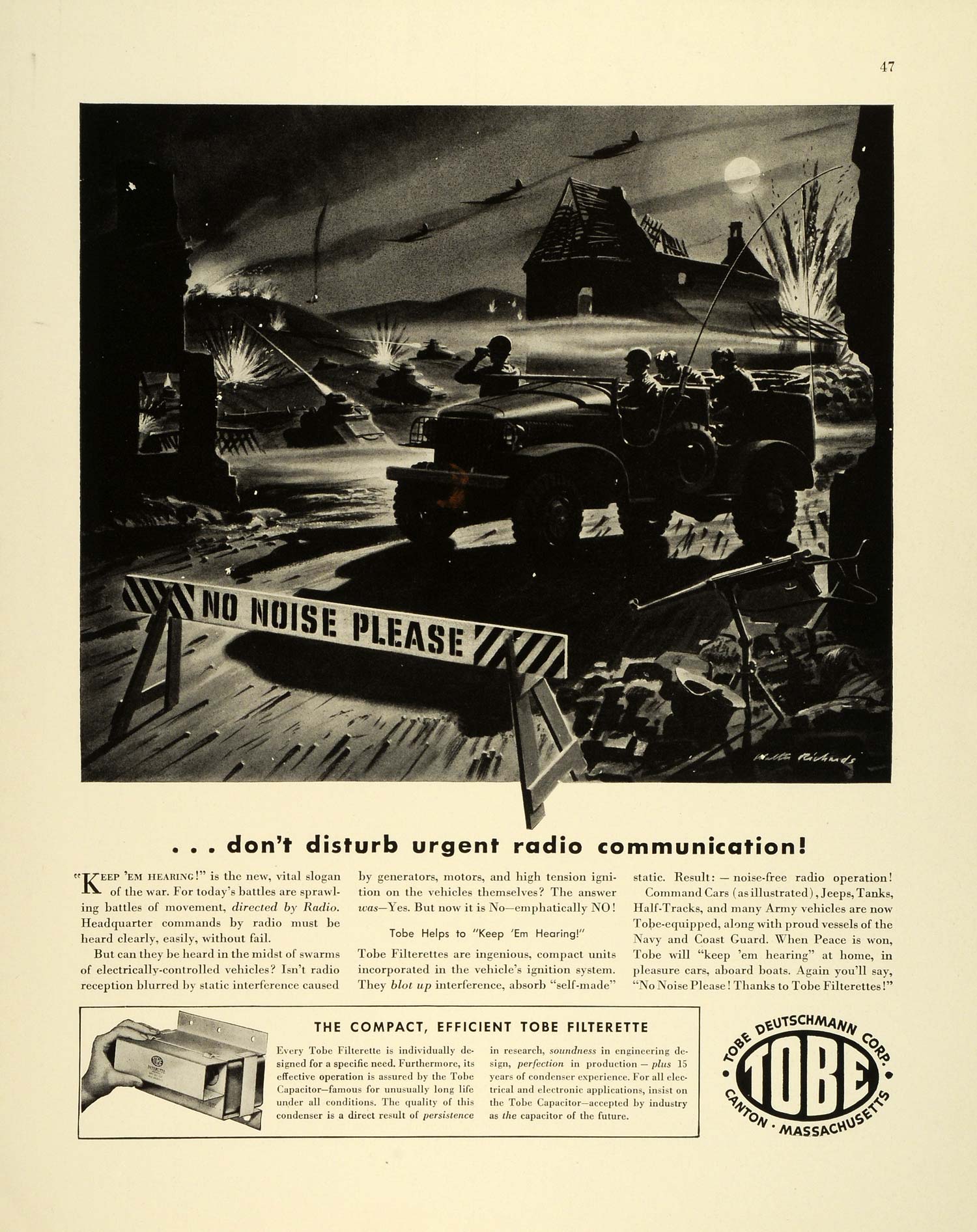 1943 Ad Tobe Deutschmann Radio Filterette Military Trucks Combat Soldi