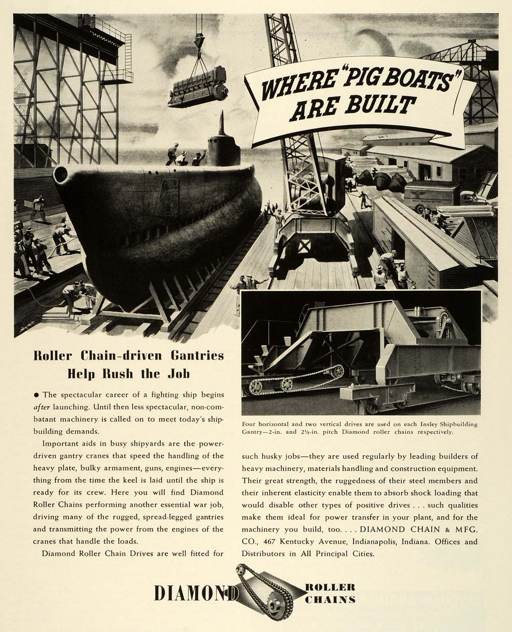 1943 Ad Diamond Roller Chains WWII Shipbuilding Cranes War Production Pig FZ5
