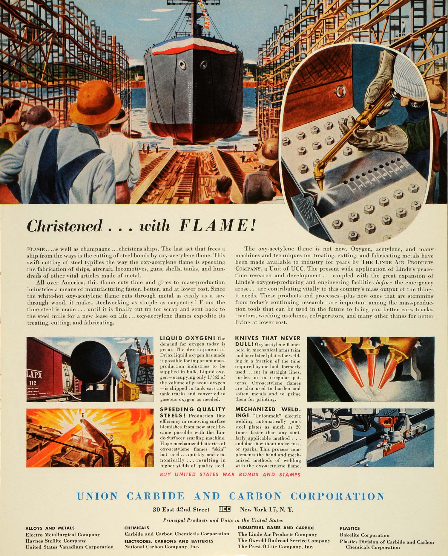 1943 Ad Union Carbide Carbon Linde Air WWII War Production Shipbuilding FZ5