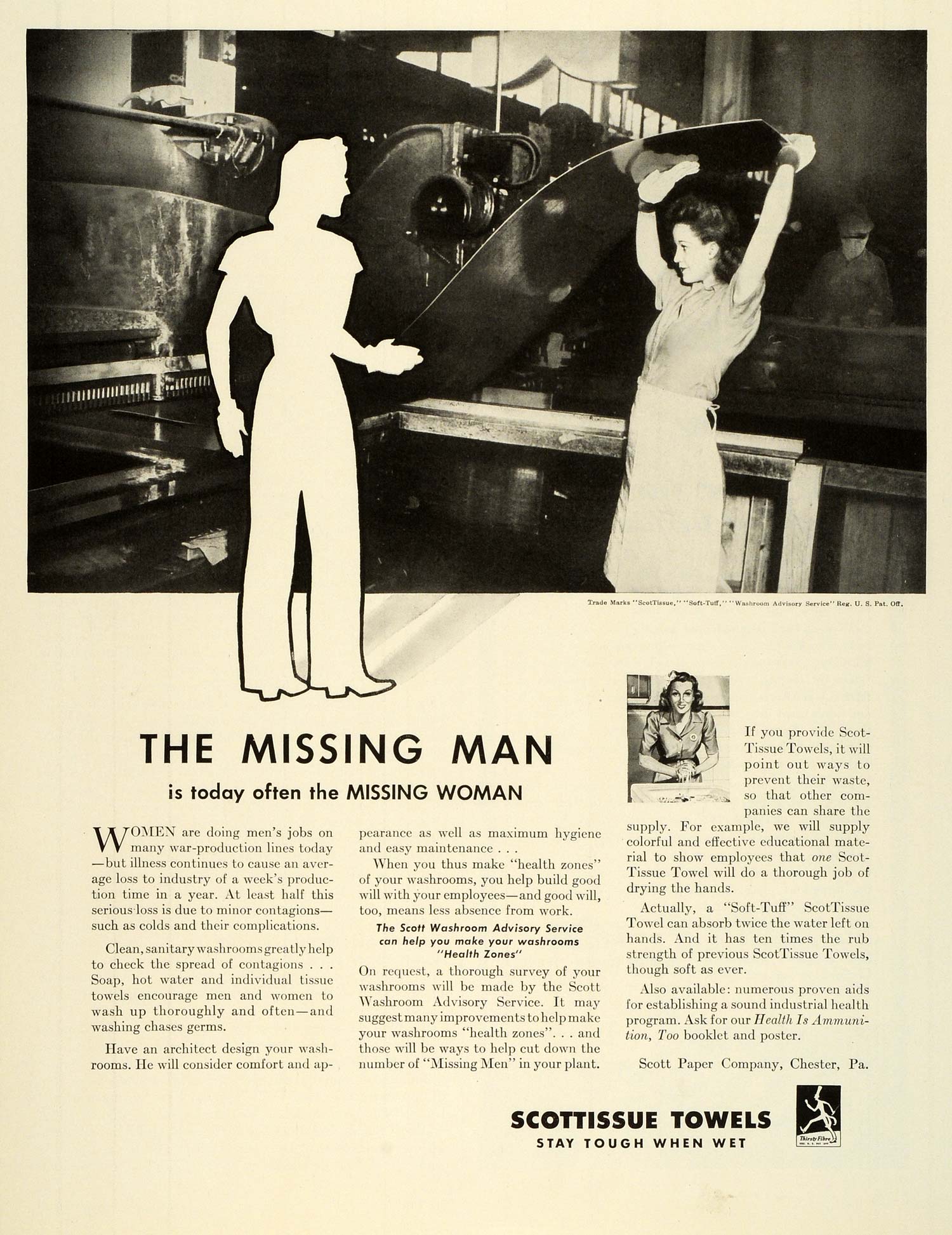 1943 Ad Scott Paper ScotTissue Paper Towels Sanitary Rosie Riveter WWII FZ5