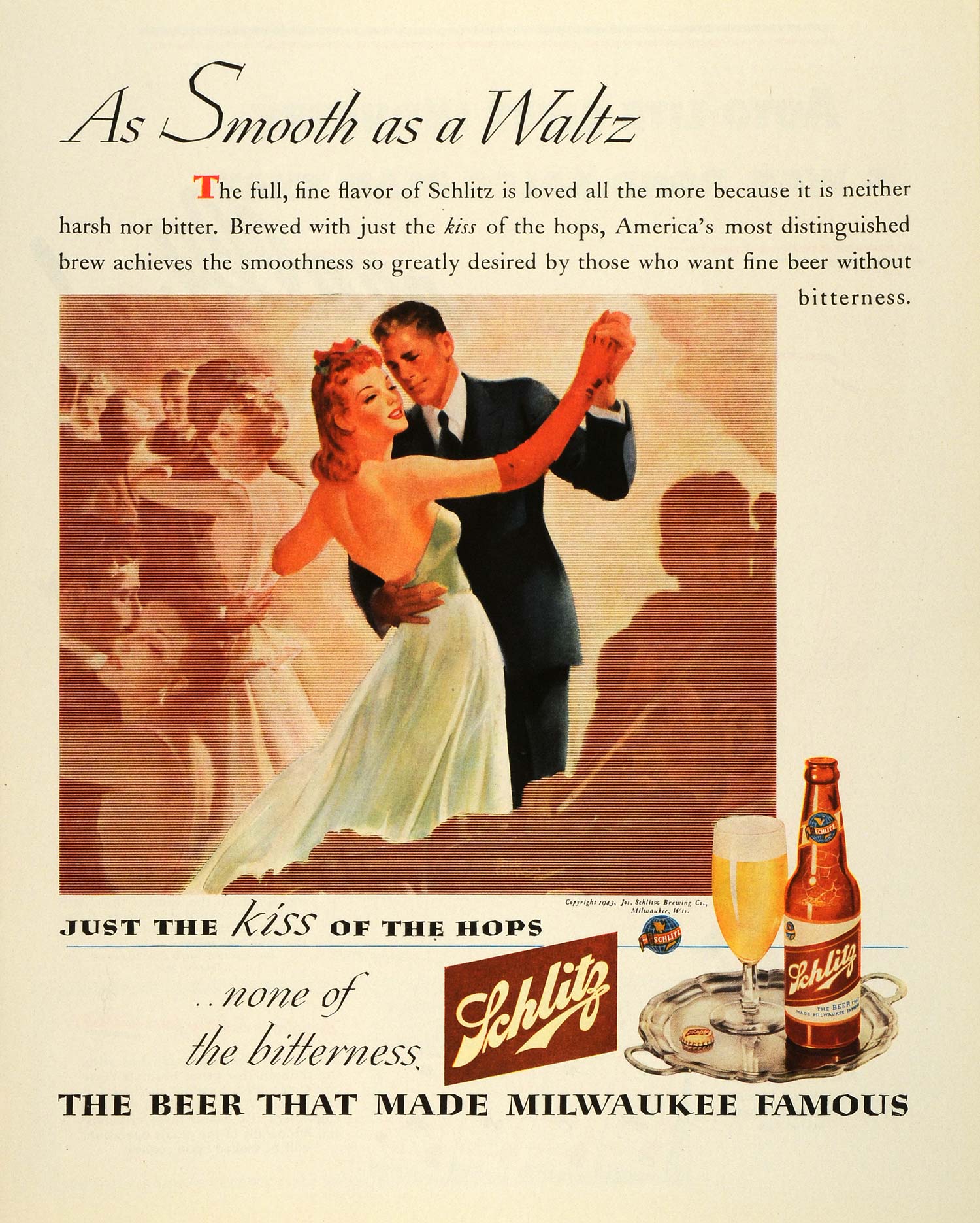 1943 Ad Joseph Schlitz Beer Bottle Hops Waltz Ballroom Dancing Alcohol FZ5