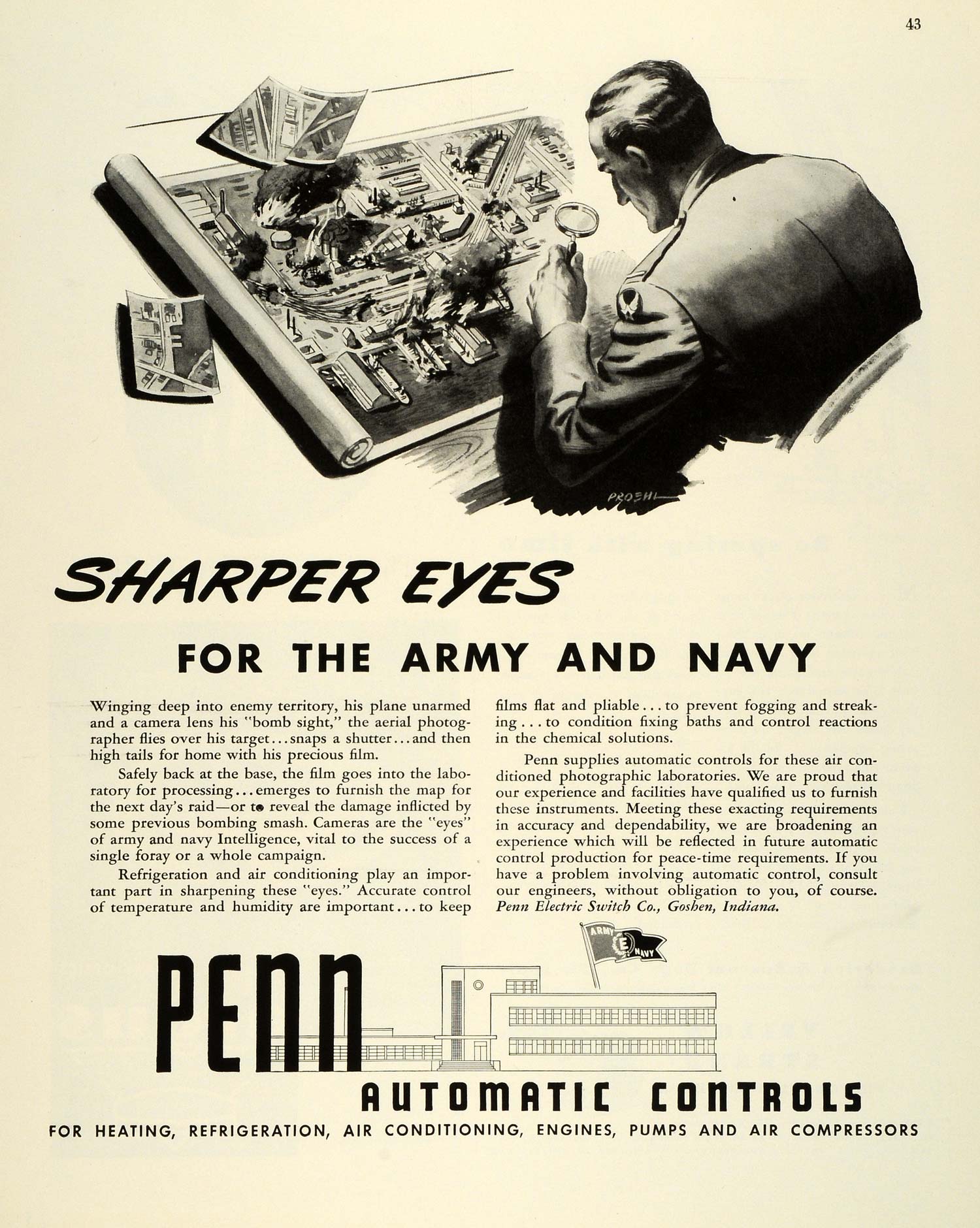 1943 Ad Penn Electric Switch Goshen IN Automatic Controls Map WWII P. Proehl FZ5
