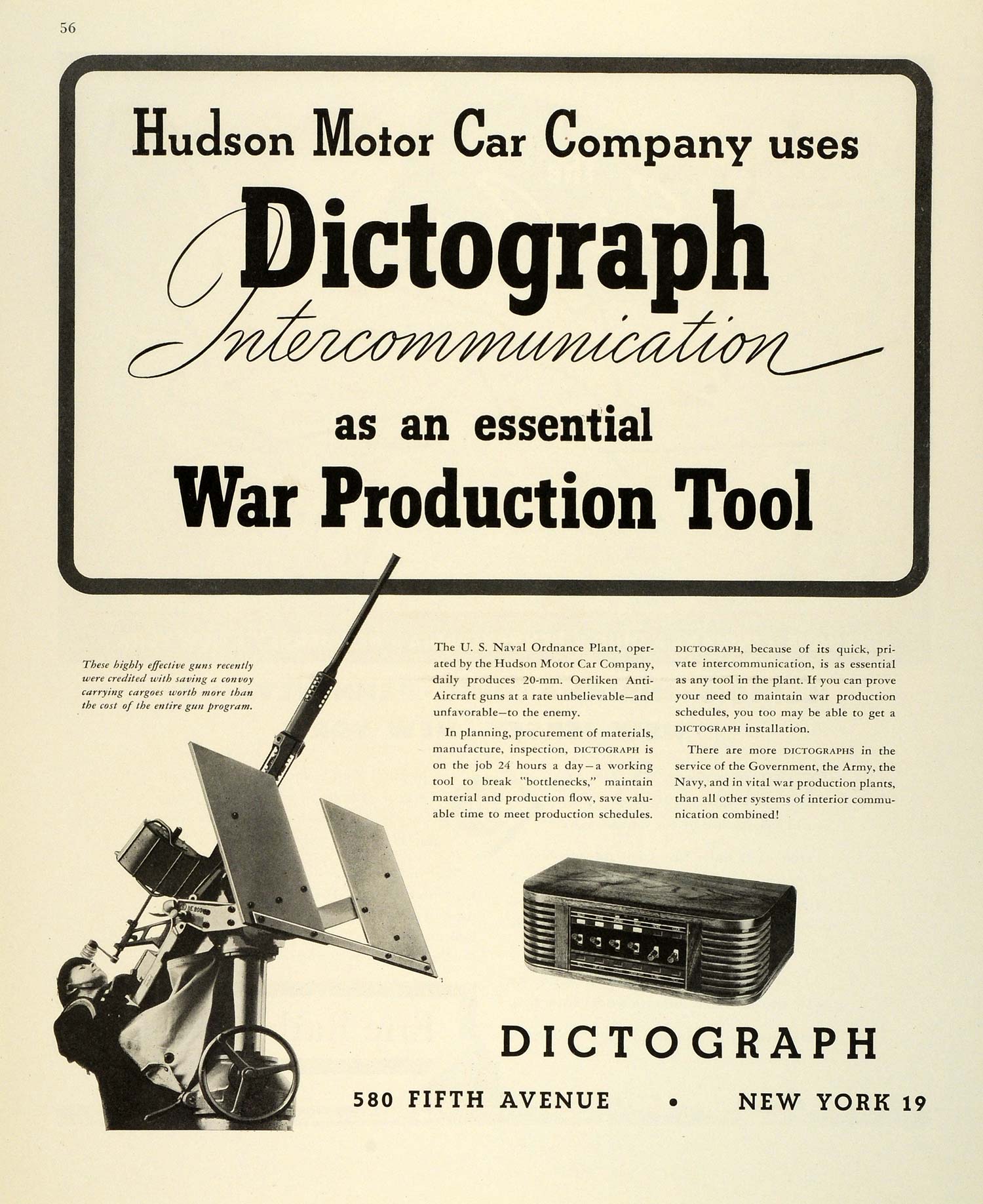 1943 Ad Dictograph Microphone Amplifier Hudson Motor Car Oerliken Anticraft FZ5