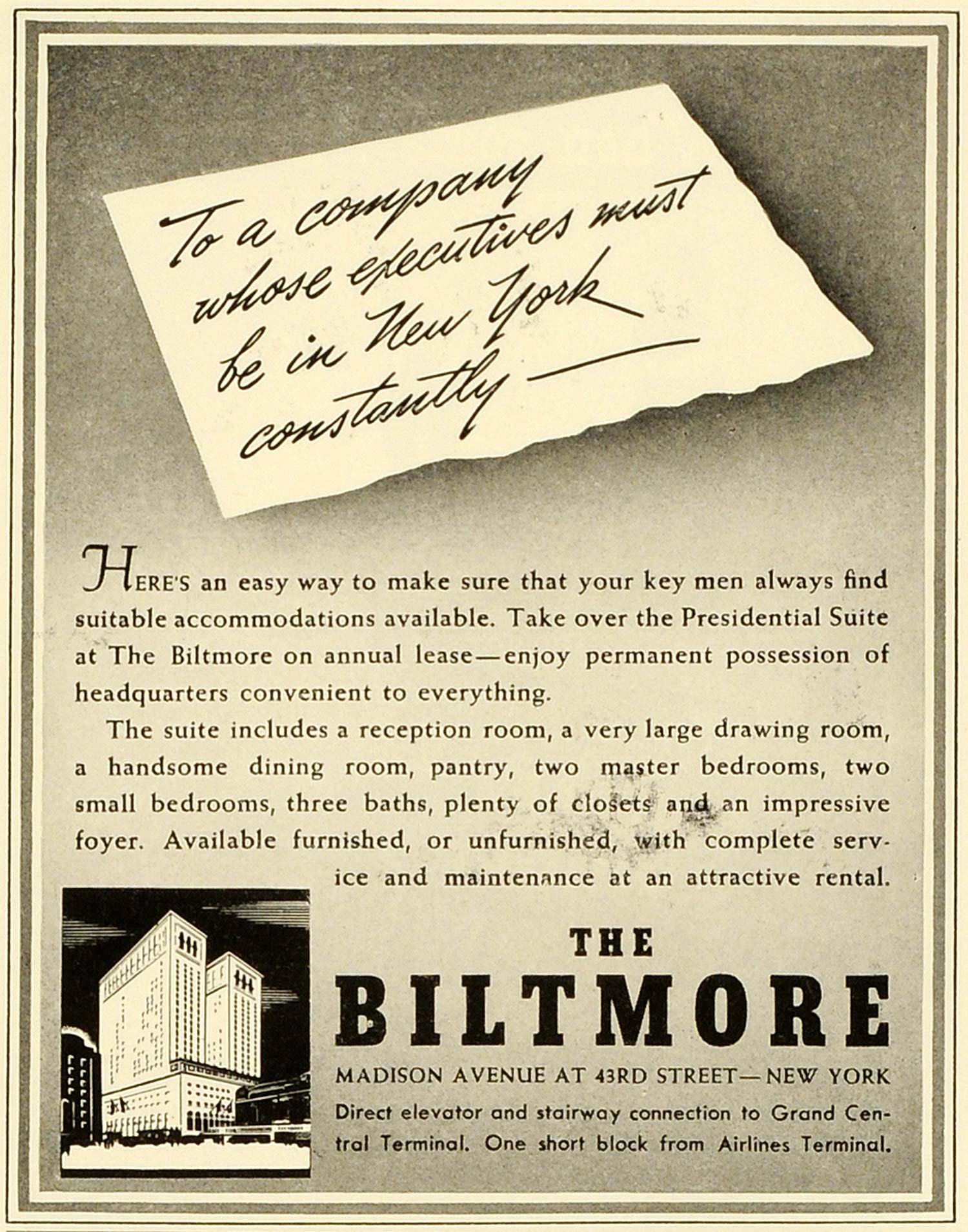 1943 Ad Biltmore Hotel Madison Avenue 43rd Street NY Presidential Suite FZ5