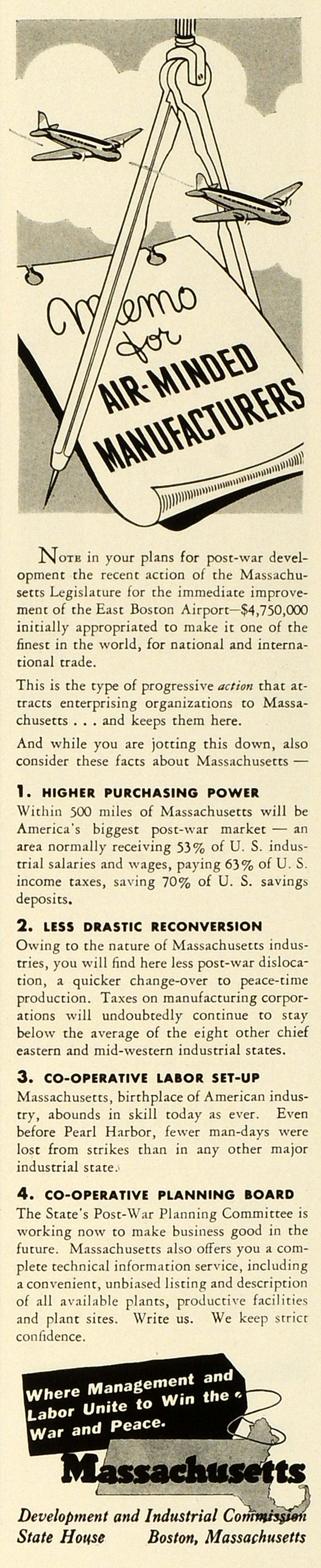 1943 Ad Development & Industrial Commission State House Boston Massachusetts FZ5