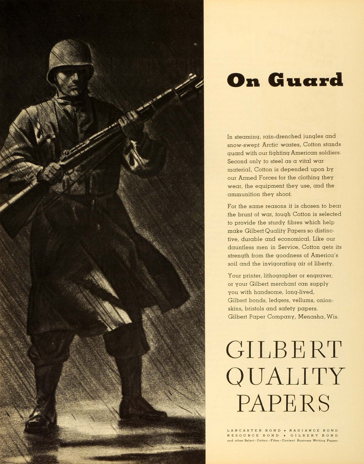 1943 Ad Gilbert Quality Paper Soldier Military Wartime Menasha Wisconsin FZ6