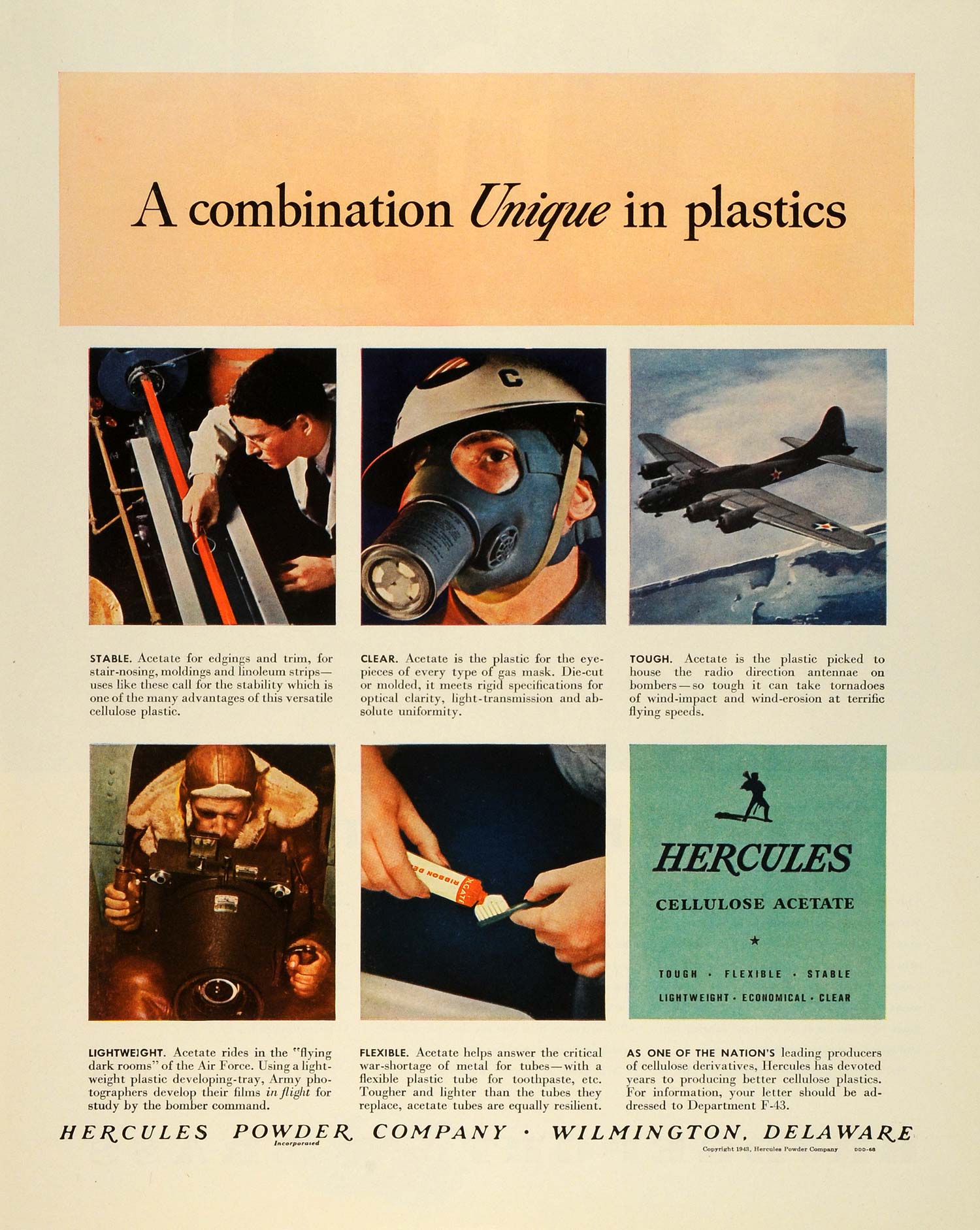 1943 Ad Hercules Powder Wilmington Delaware Mask Cellulose Acetate Gas Mask FZ6