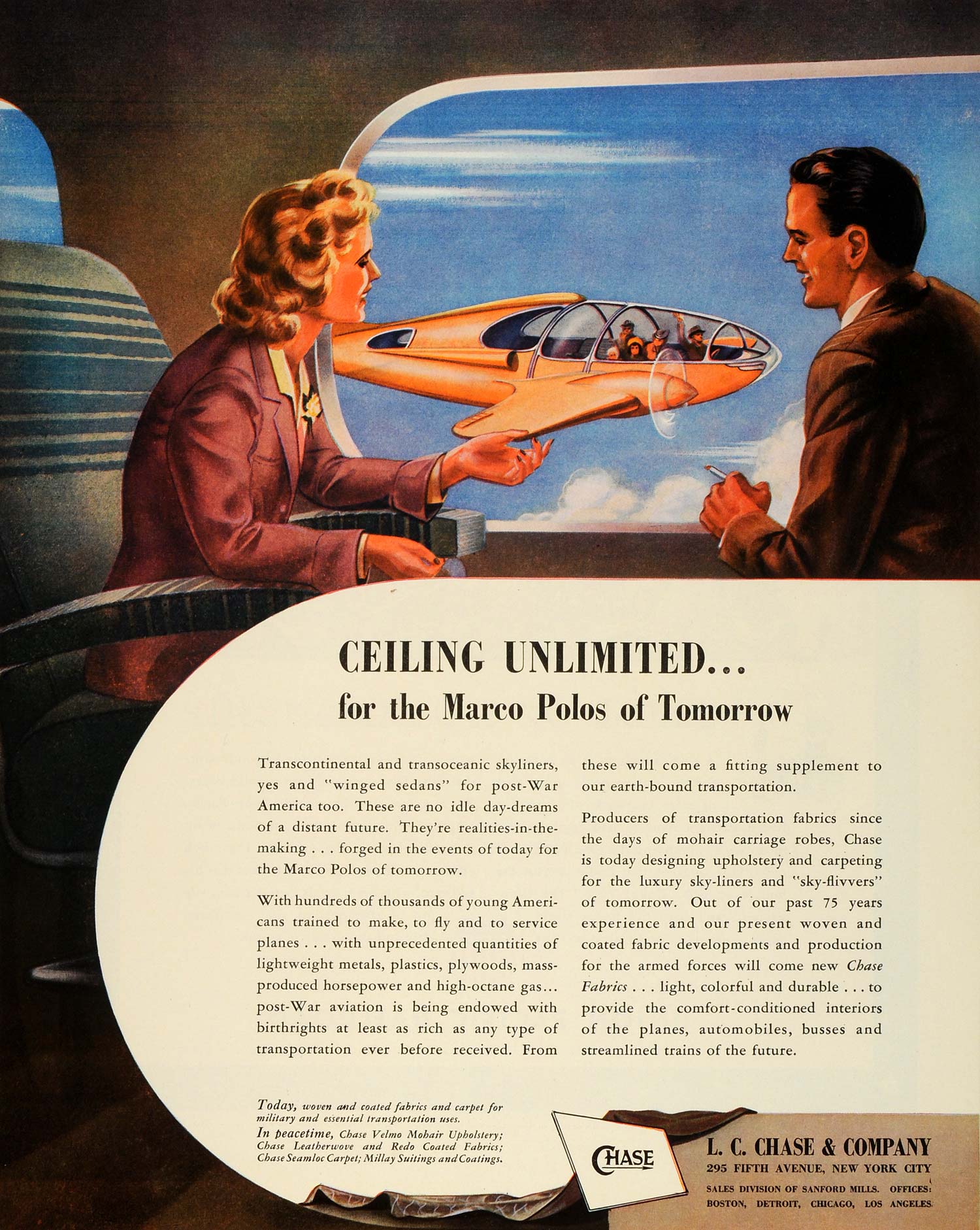 1943 Ad Marco Polo L C Chase Private Plane Jet Skyliner Upholstery Fabric FZ6
