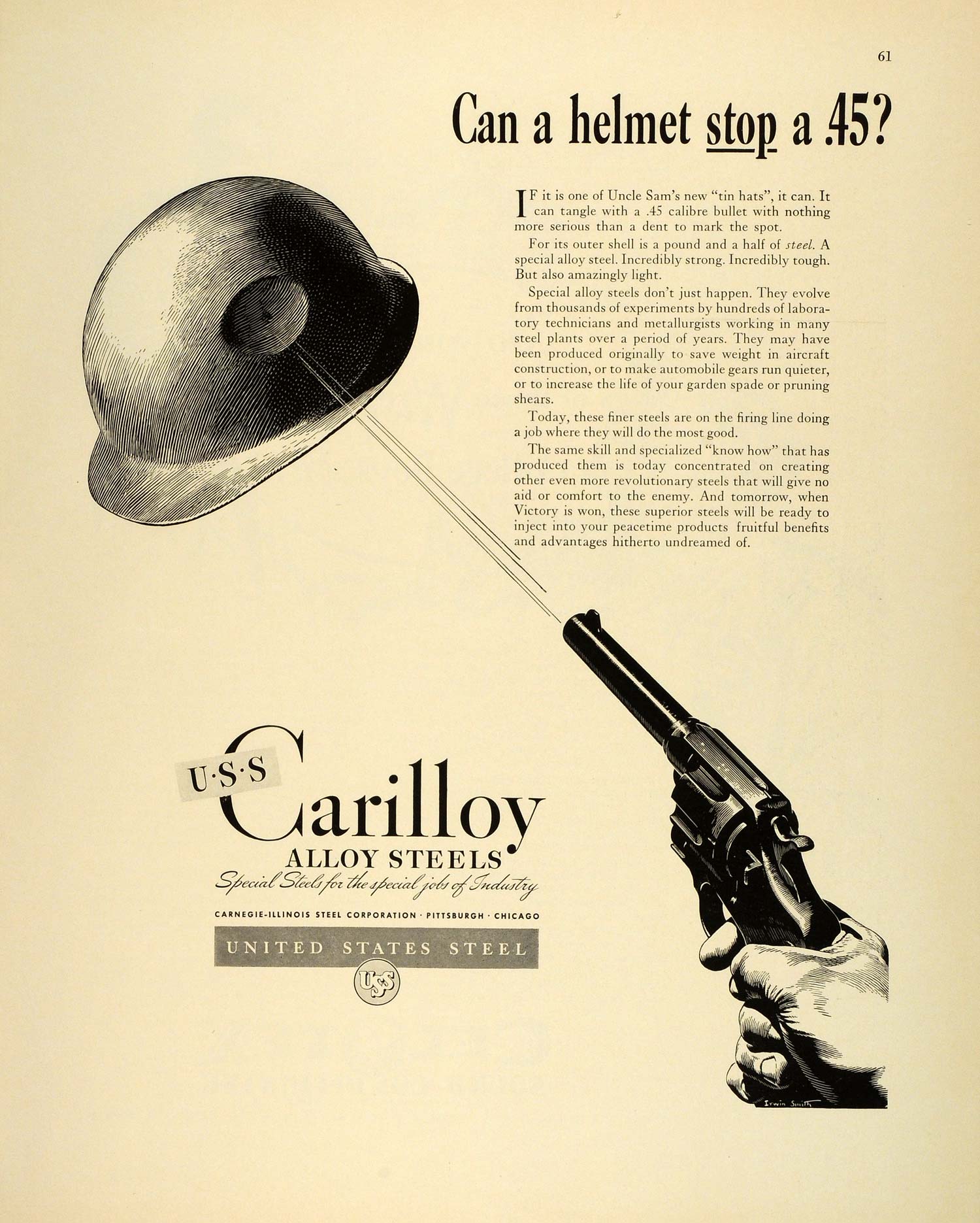 1942 Ad Carnegie-Illinois Steel Carilloy Alloy Helmet 45 Calibre Bullet Gun FZ6