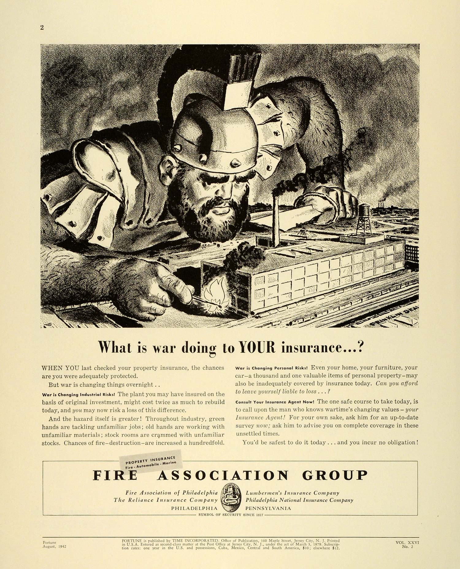 1942 Ad Fire Association Group PA Roman Centurion Fire Industry Insurance FZ6