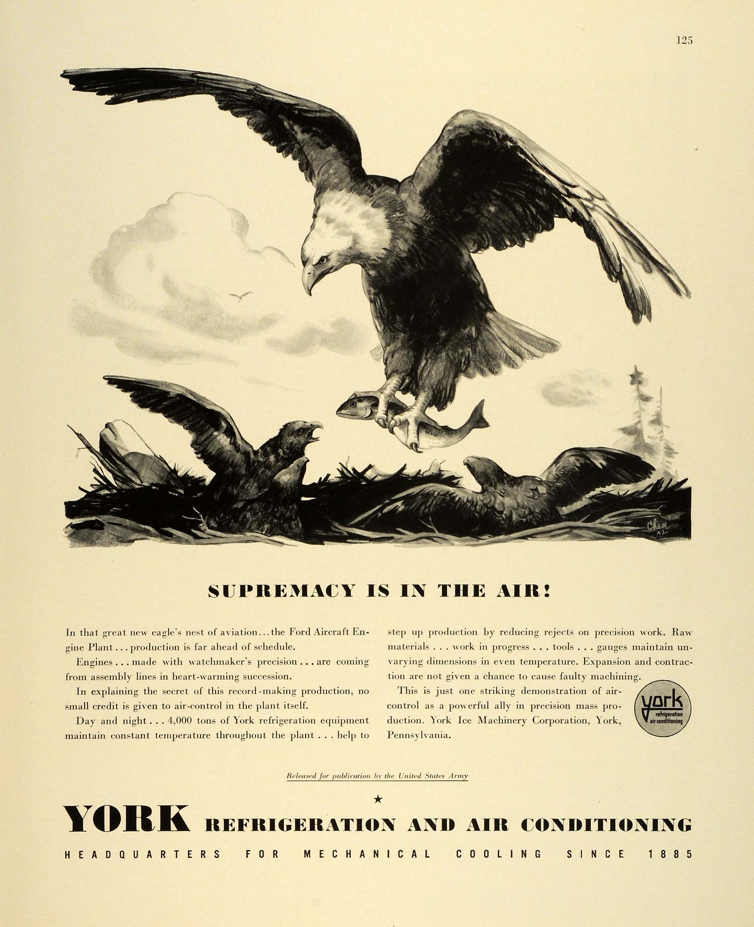 1942 Ad York Ice Machinery Corp PA Refrigeration Air Conditioning Bald Eagle FZ6