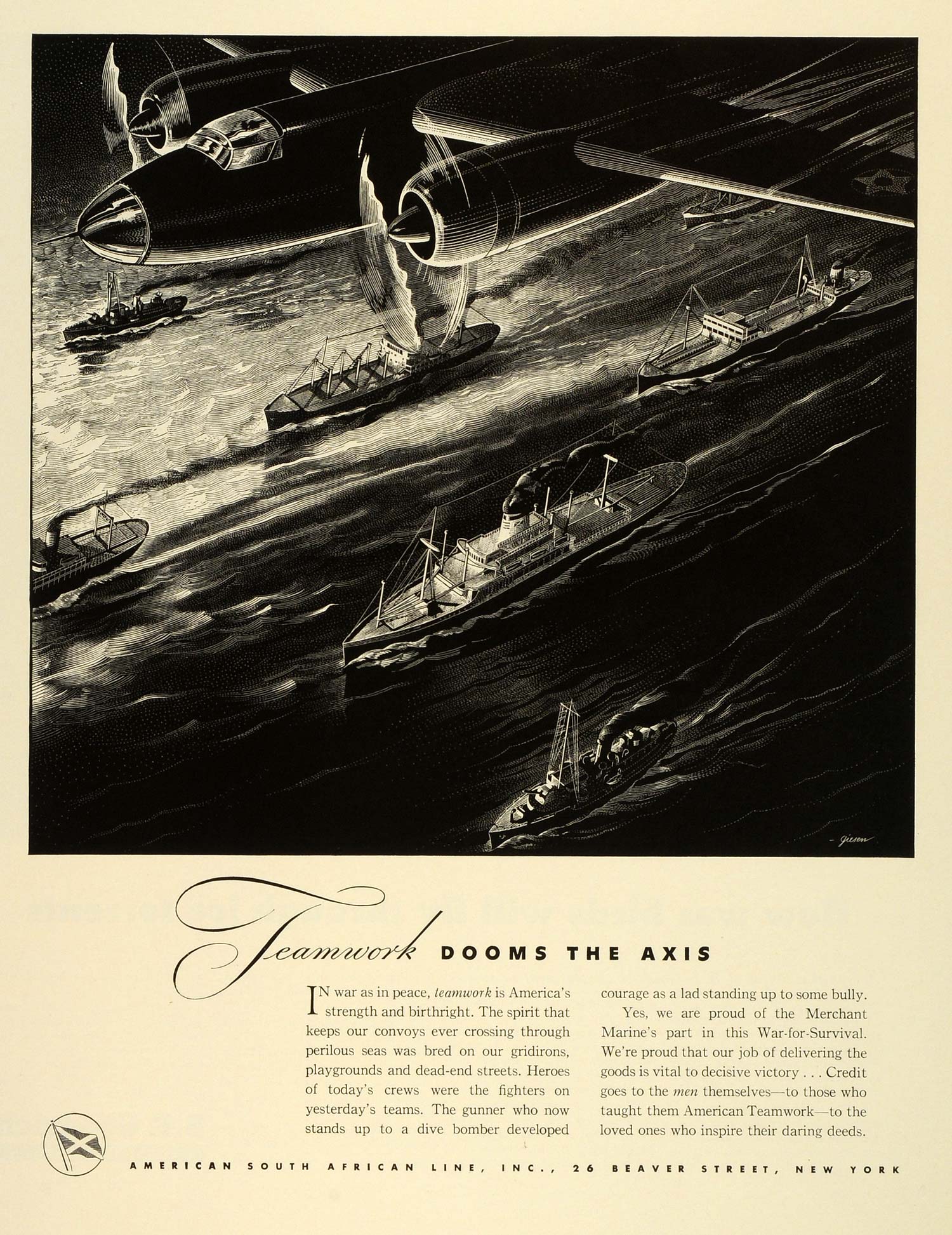 1942 Ad American South American African Line Ship Warship Plane Giesen Art FZ6