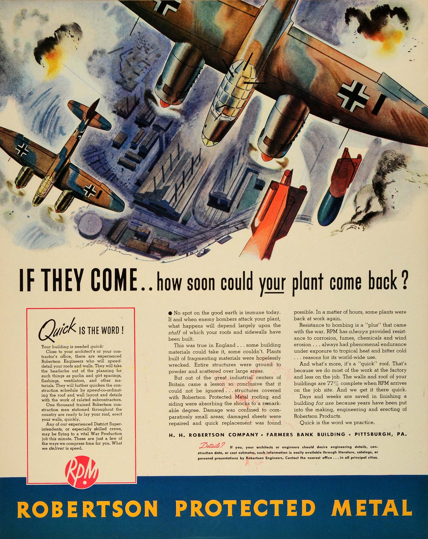 1942 Ad Robertson Shock Absorbing Metal Roofing WWII Aerial Bombing FZ6