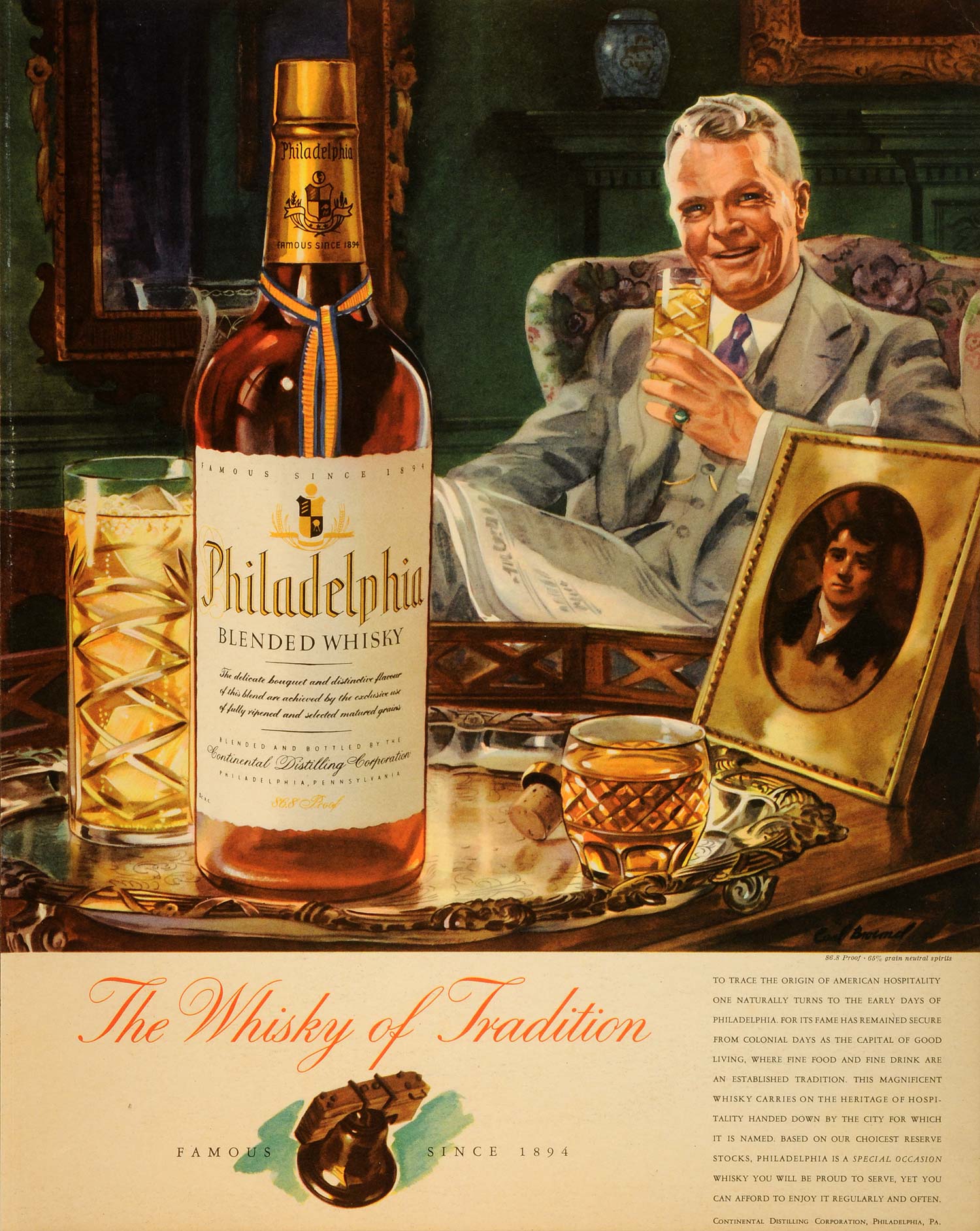 1942 Ad Philadelphia Whiskey Bottle Cocktail Silver Platter Liquor Alcohol FZ6