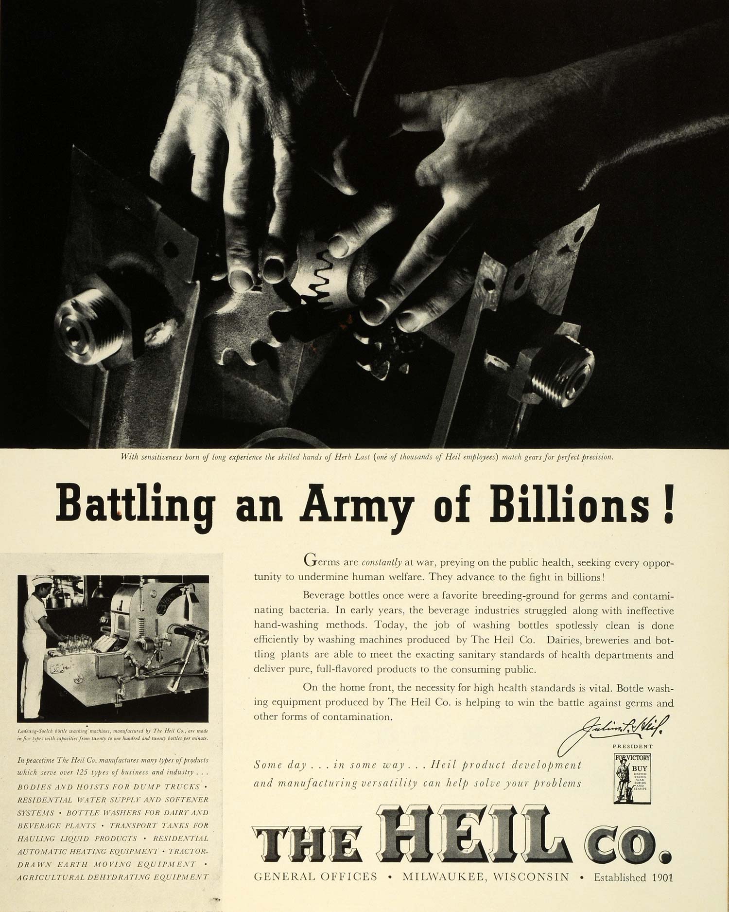 1942 Ad Milwaukee Heil Bottle Washing Equipment WWII War Production Herb FZ6